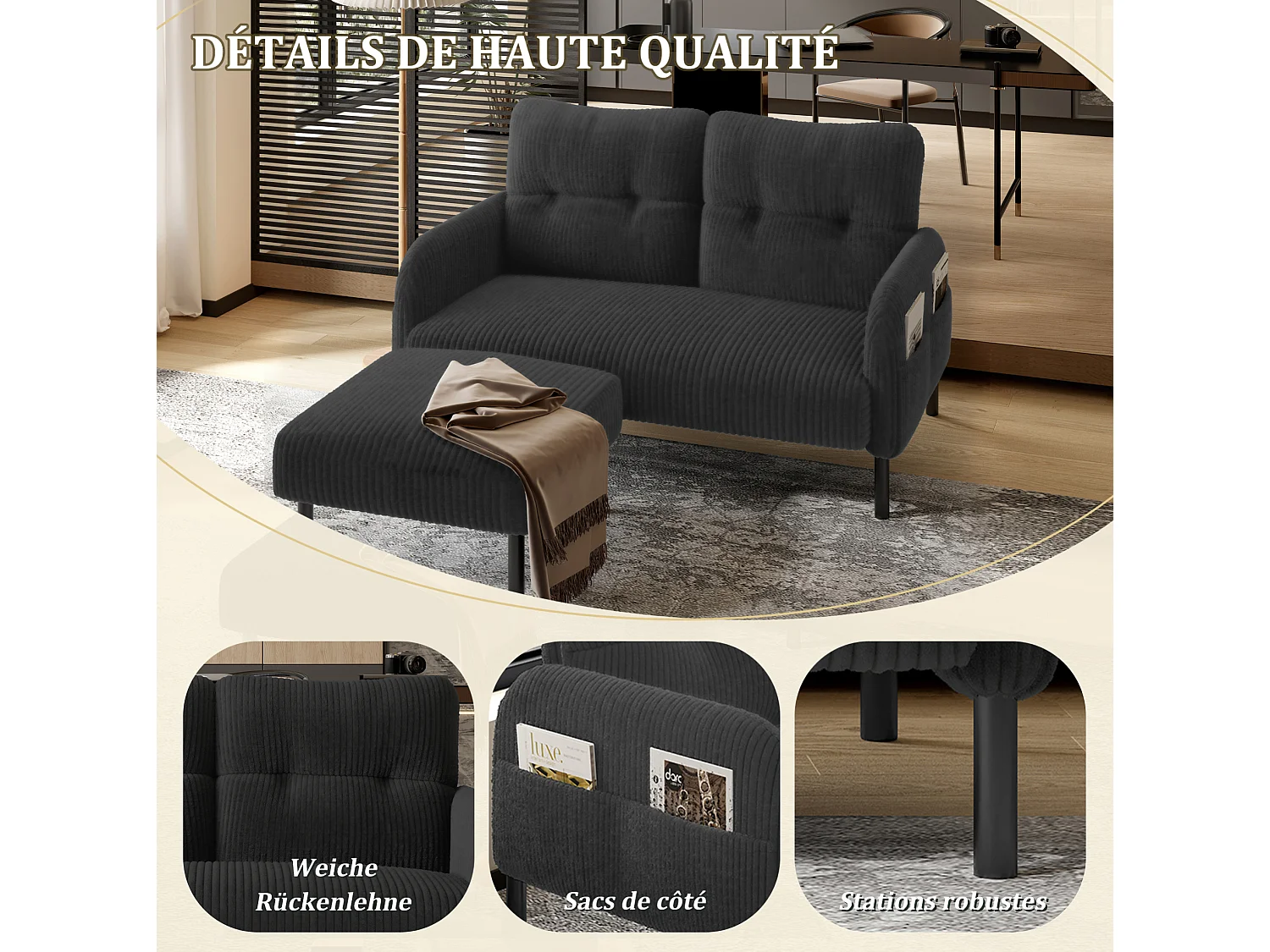 Canapé 2 places 120 cm en velours côtelé avec pieds métal - Gris