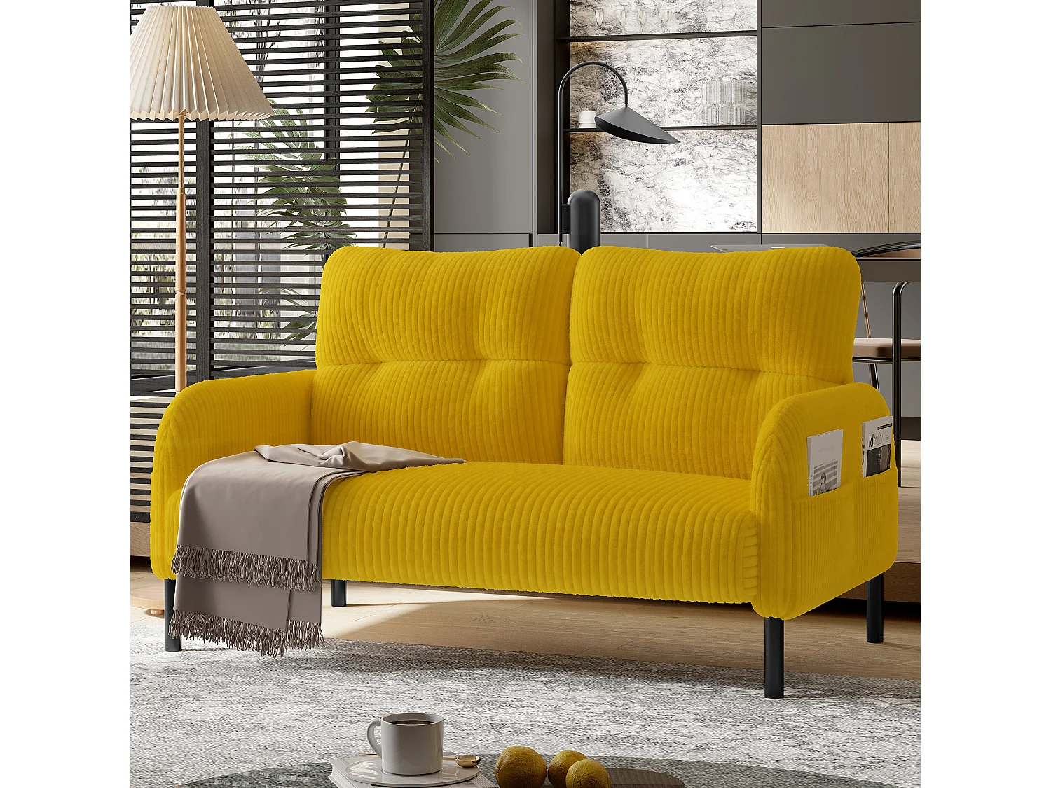 Canapé 2 places 120 cm en velours côtelé avec pieds métal - Jaune