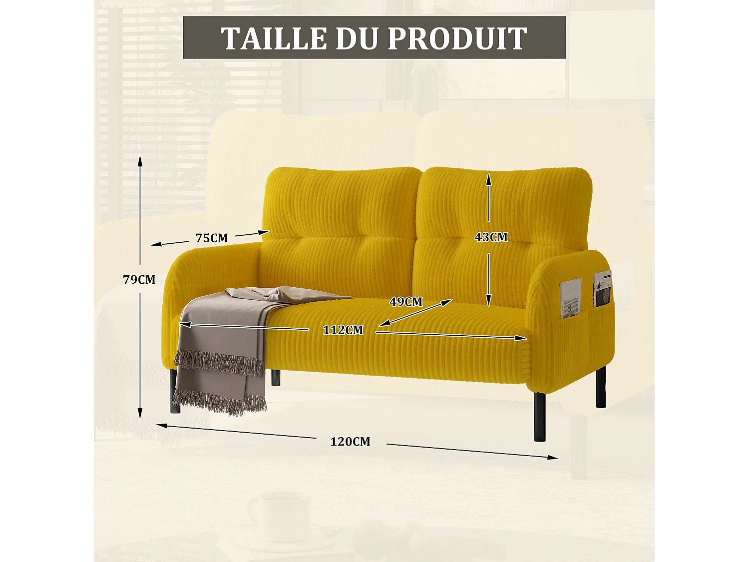 Canapé 2 places 120 cm en velours côtelé avec pieds métal - Jaune