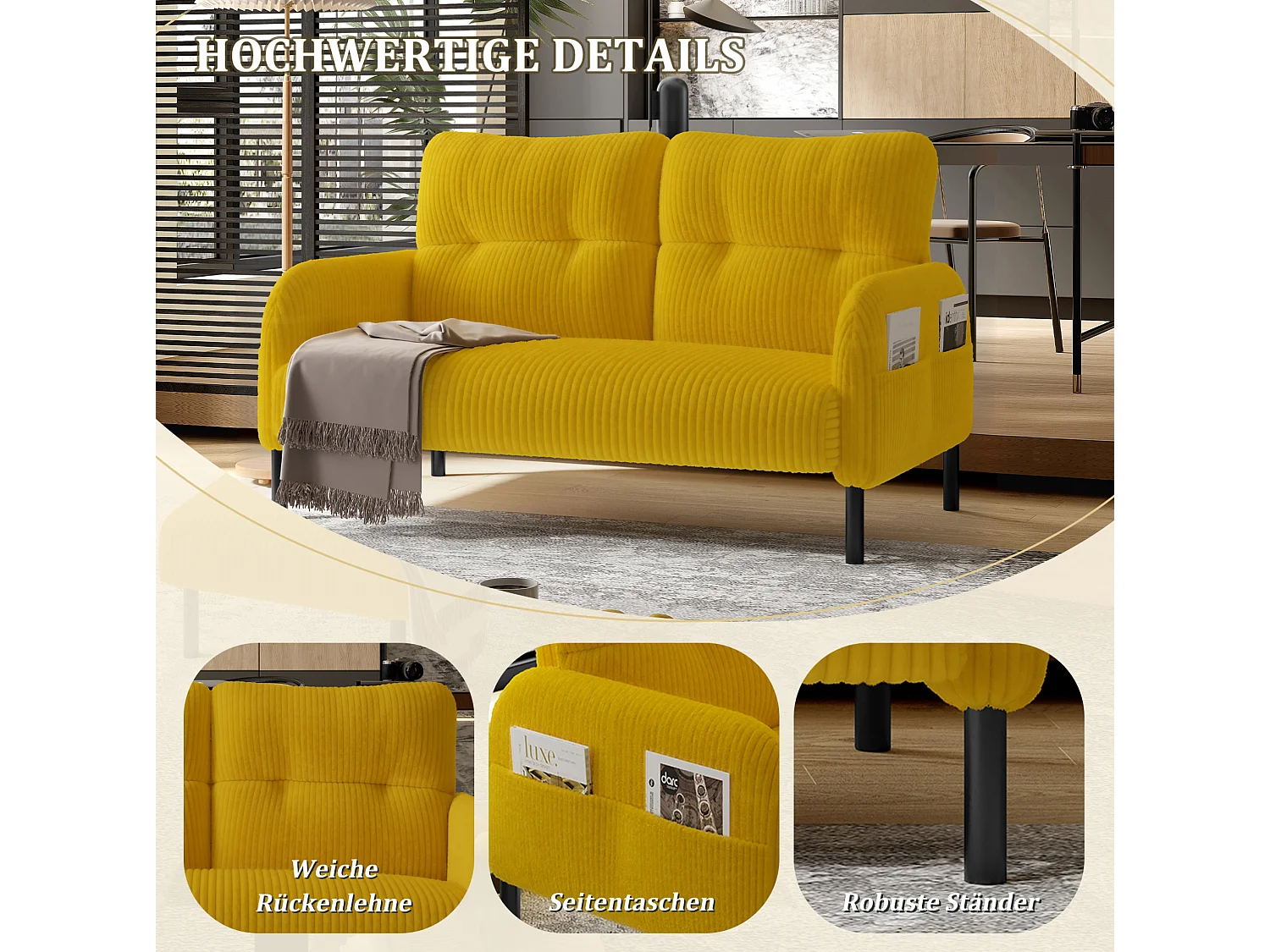 Canapé 2 places 120 cm en velours côtelé avec pieds métal - Jaune