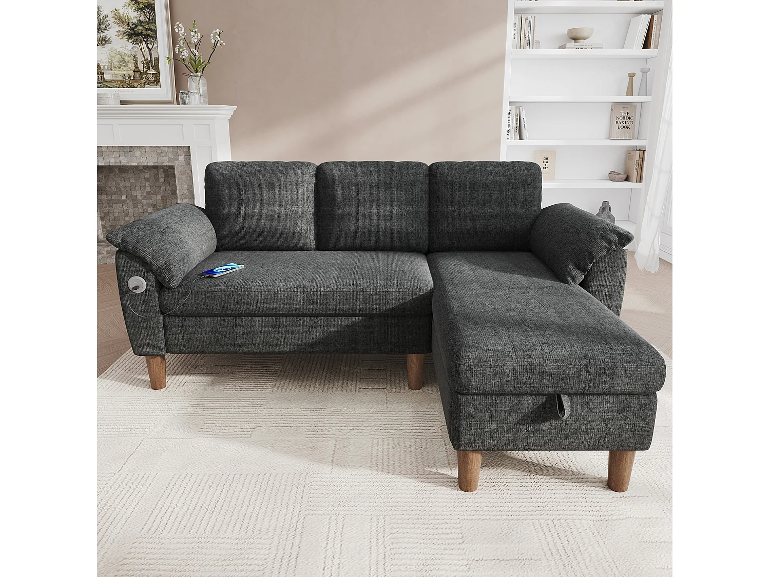 Canapé d'angle 3 places avec rangement et port USB/Type-C - Tissu chenille - Gris foncé
