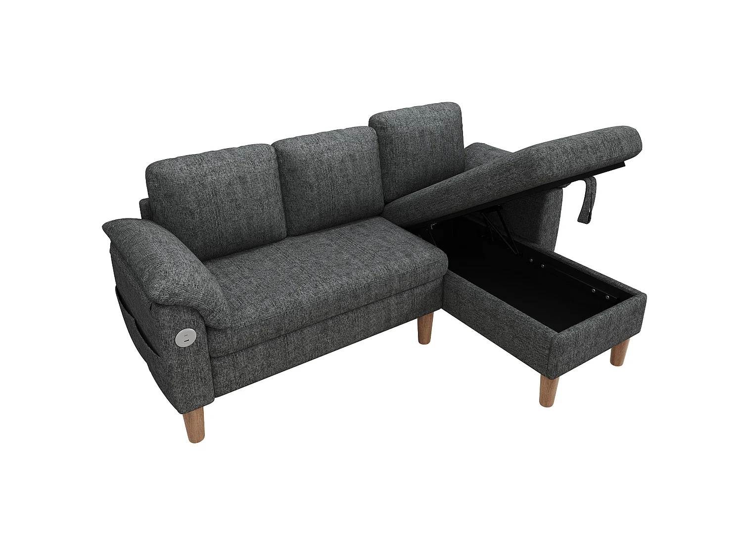 Canapé d'angle 3 places avec rangement et port USB/Type-C - Tissu chenille - Gris foncé