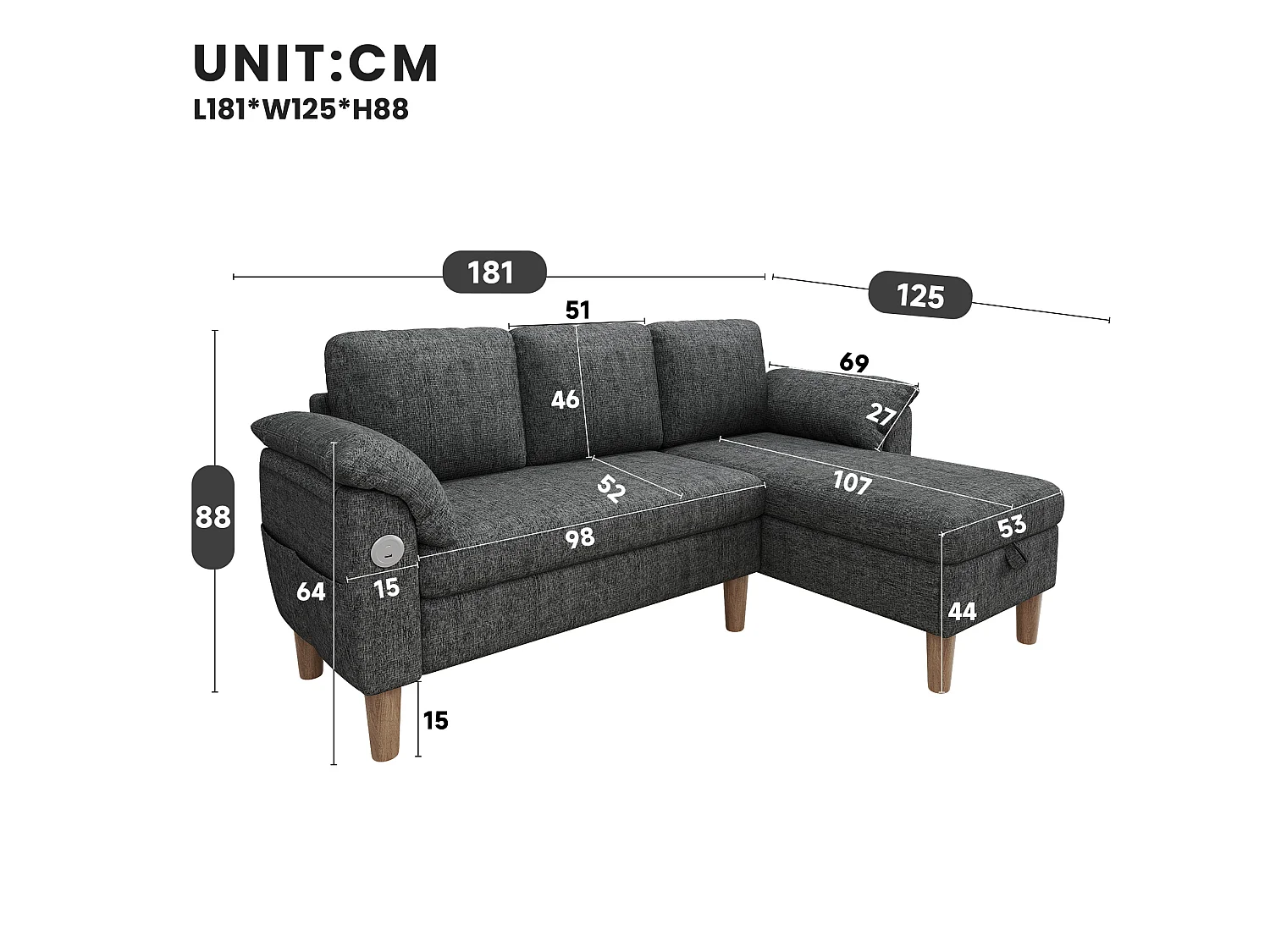 Canapé d'angle 3 places avec rangement et port USB/Type-C - Tissu chenille - Gris foncé