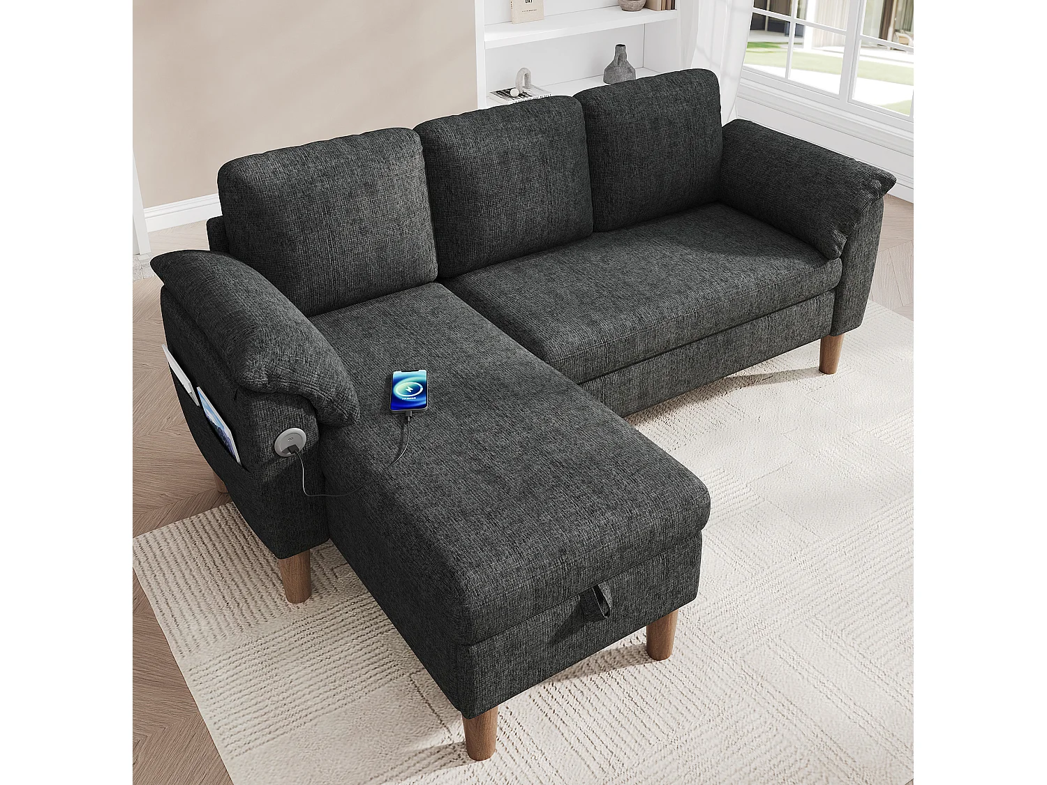 Canapé d'angle 3 places avec rangement et port USB/Type-C - Tissu chenille - Gris foncé