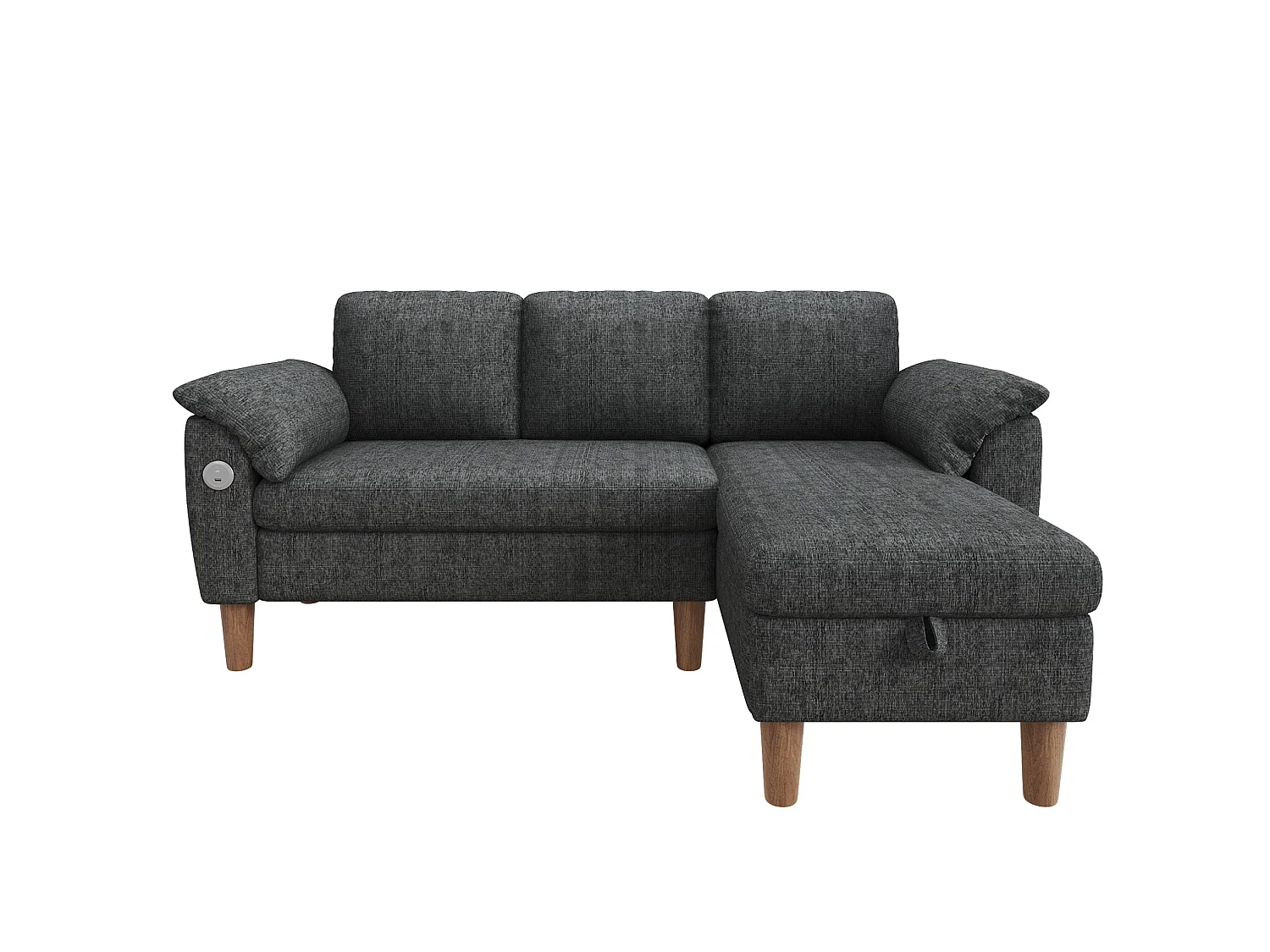 Canapé d'angle 3 places avec rangement et port USB/Type-C - Tissu chenille - Gris foncé