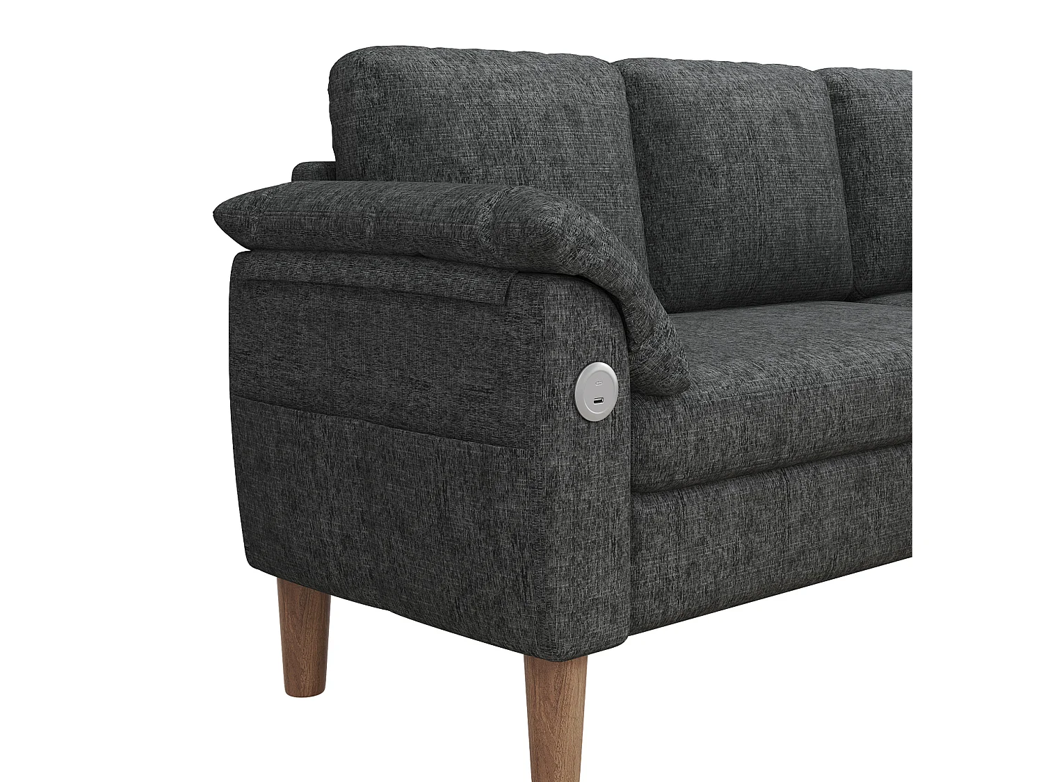 Canapé d'angle 3 places avec rangement et port USB/Type-C - Tissu chenille - Gris foncé
