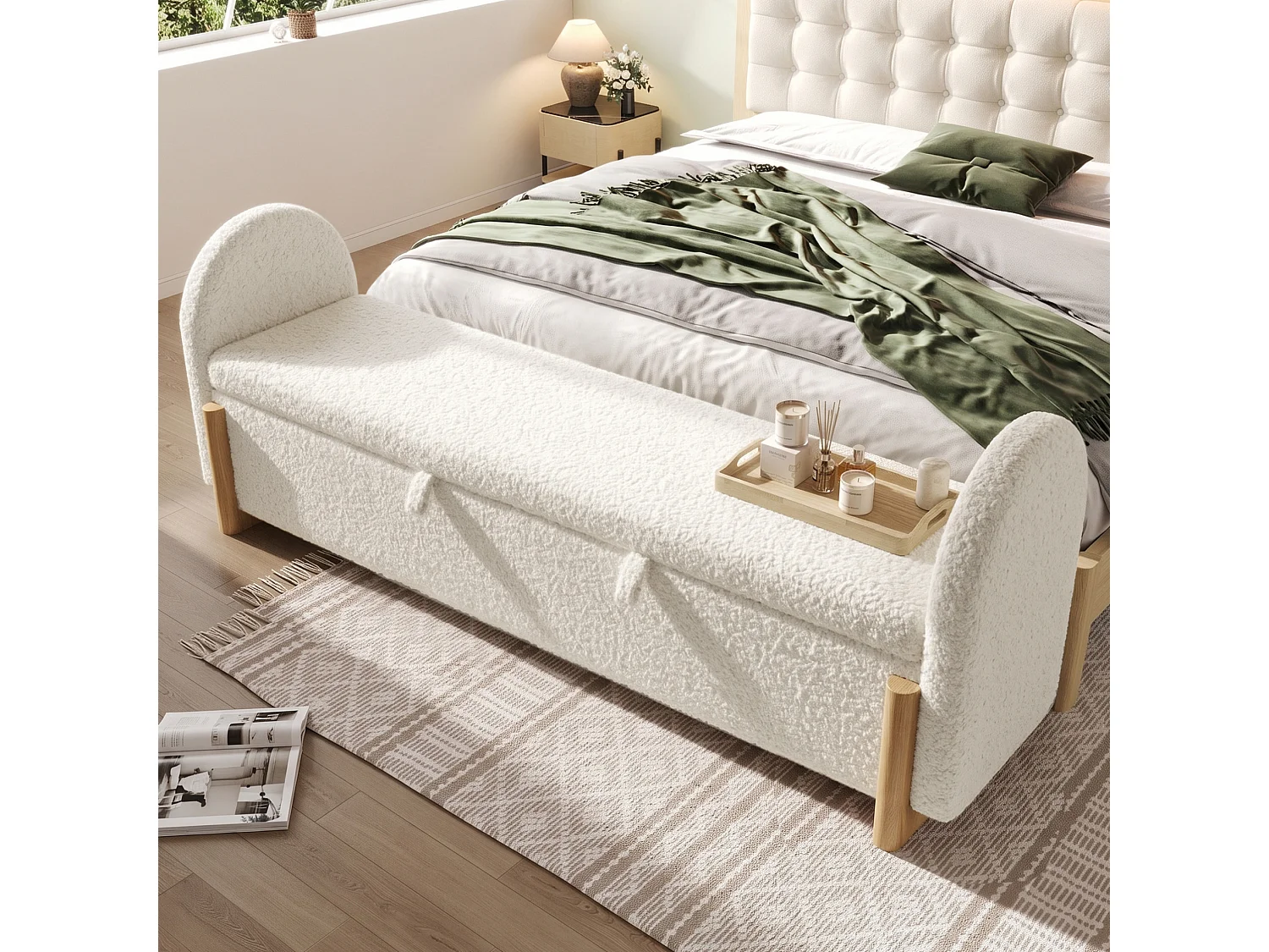 Banc en tissu bouclé 166 cm avec rangement hydraulique - Blanc
