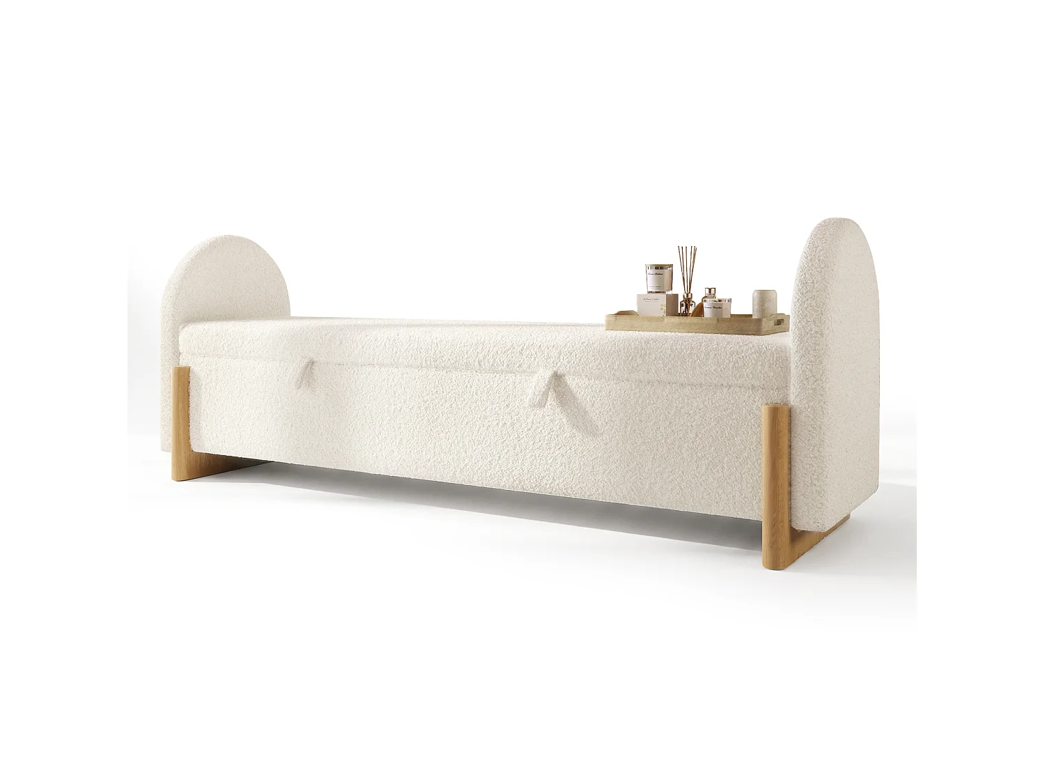Banc en tissu bouclé 166 cm avec rangement hydraulique - Blanc