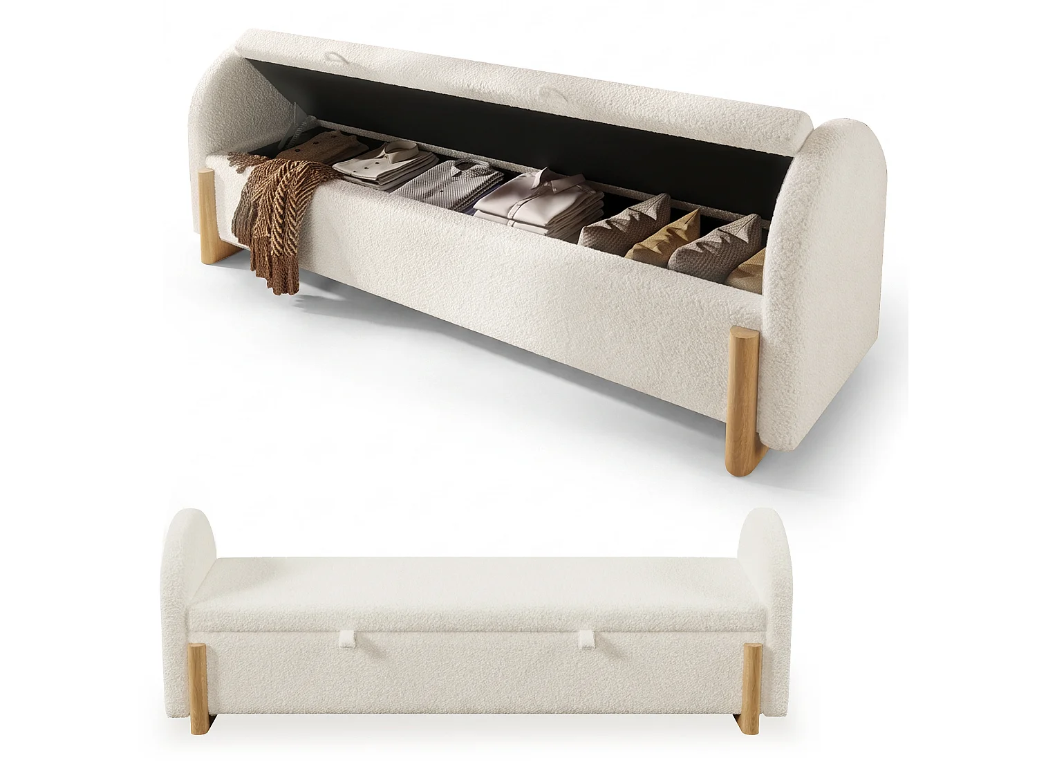 Banc en tissu bouclé 166 cm avec rangement hydraulique - Blanc