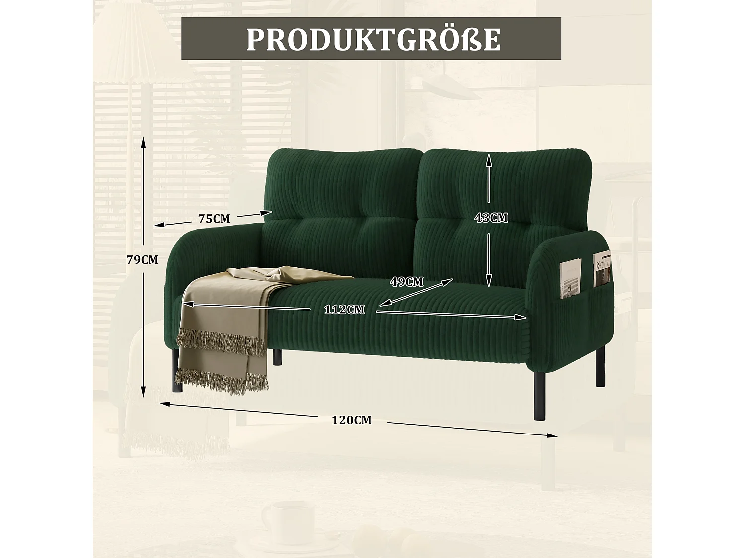 Canapé 2 places 120 cm en velours côtelé avec pieds métal - Vert émeraude
