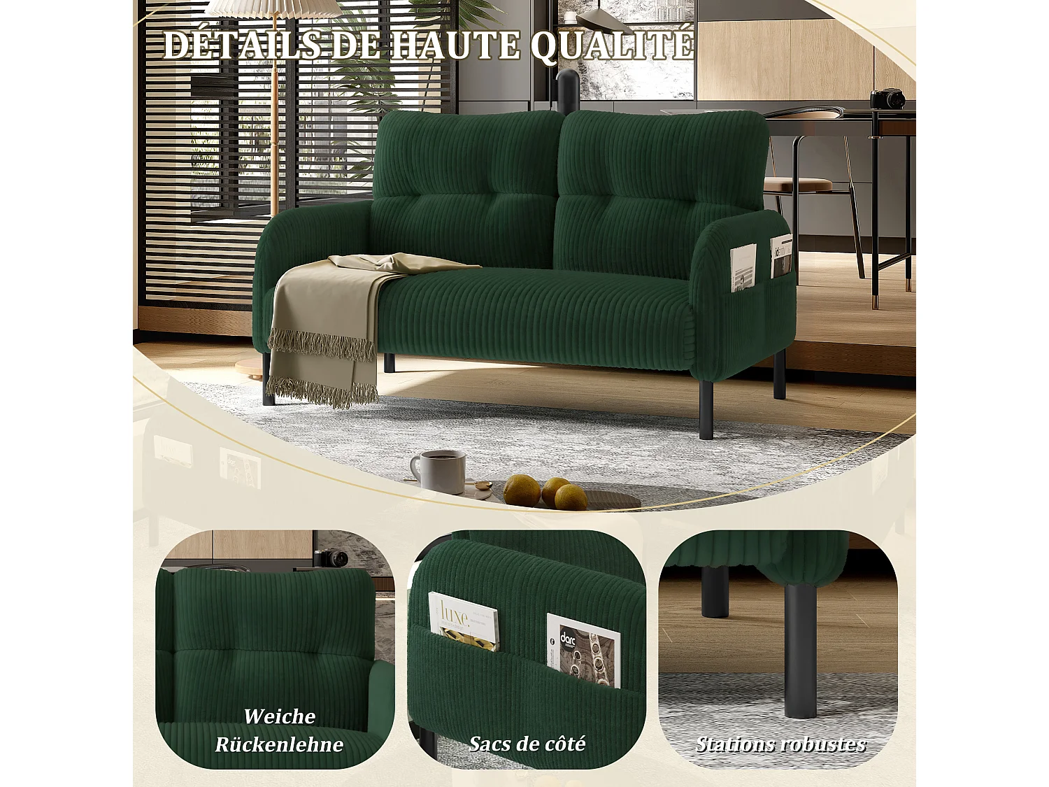 Canapé 2 places 120 cm en velours côtelé avec pieds métal - Vert émeraude
