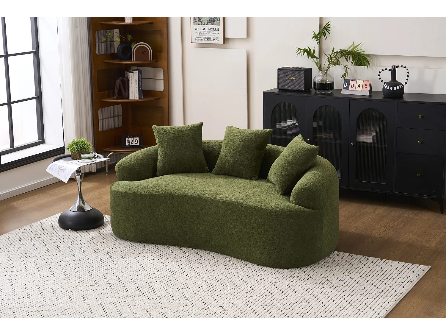 Canapé 2 places petit incurvé en chenille avec 3 coussins - Vert