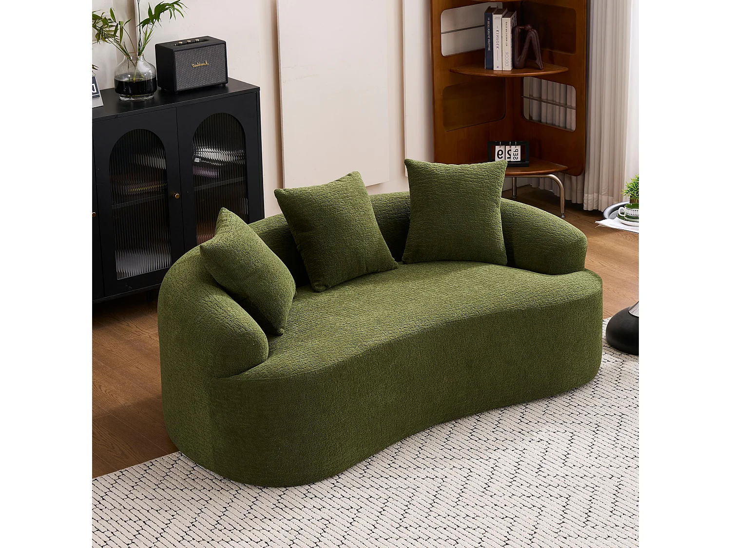 Canapé 2 places petit incurvé en chenille avec 3 coussins - Vert