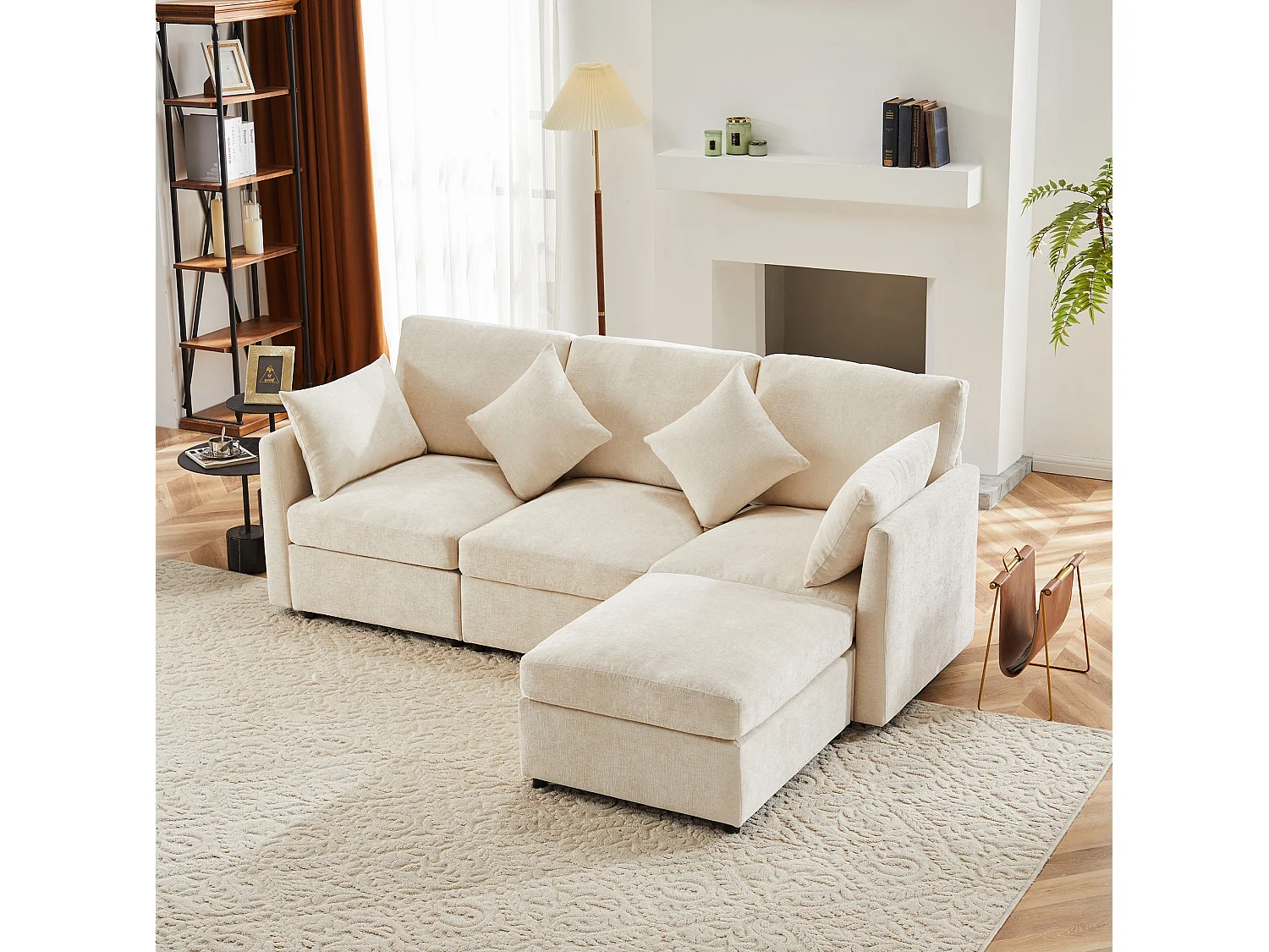 Canapé 3 places en chenille avec pouf et 4 coussins - Beige