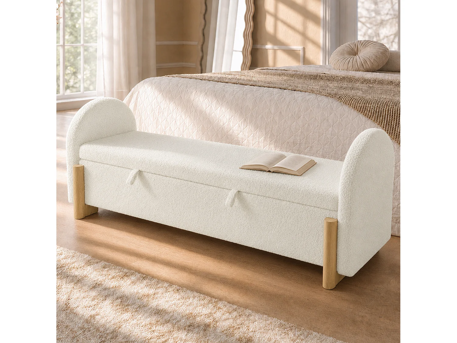 Banc en tissu bouclé 186 cm avec rangement hydraulique - Blanc