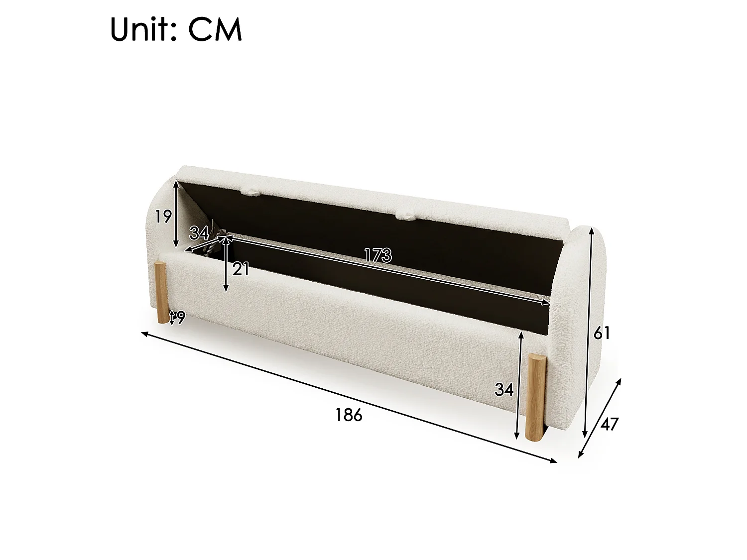 Banc en tissu bouclé 186 cm avec rangement hydraulique - Blanc