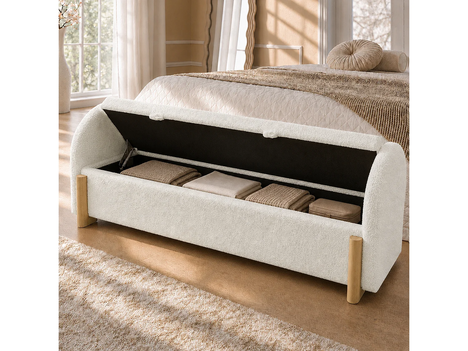 Banc en tissu bouclé 186 cm avec rangement hydraulique - Blanc