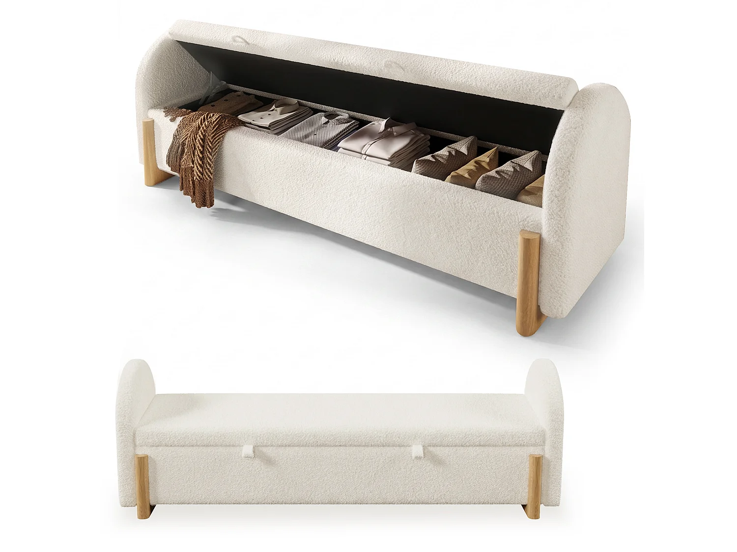 Banc en tissu bouclé 186 cm avec rangement hydraulique - Blanc
