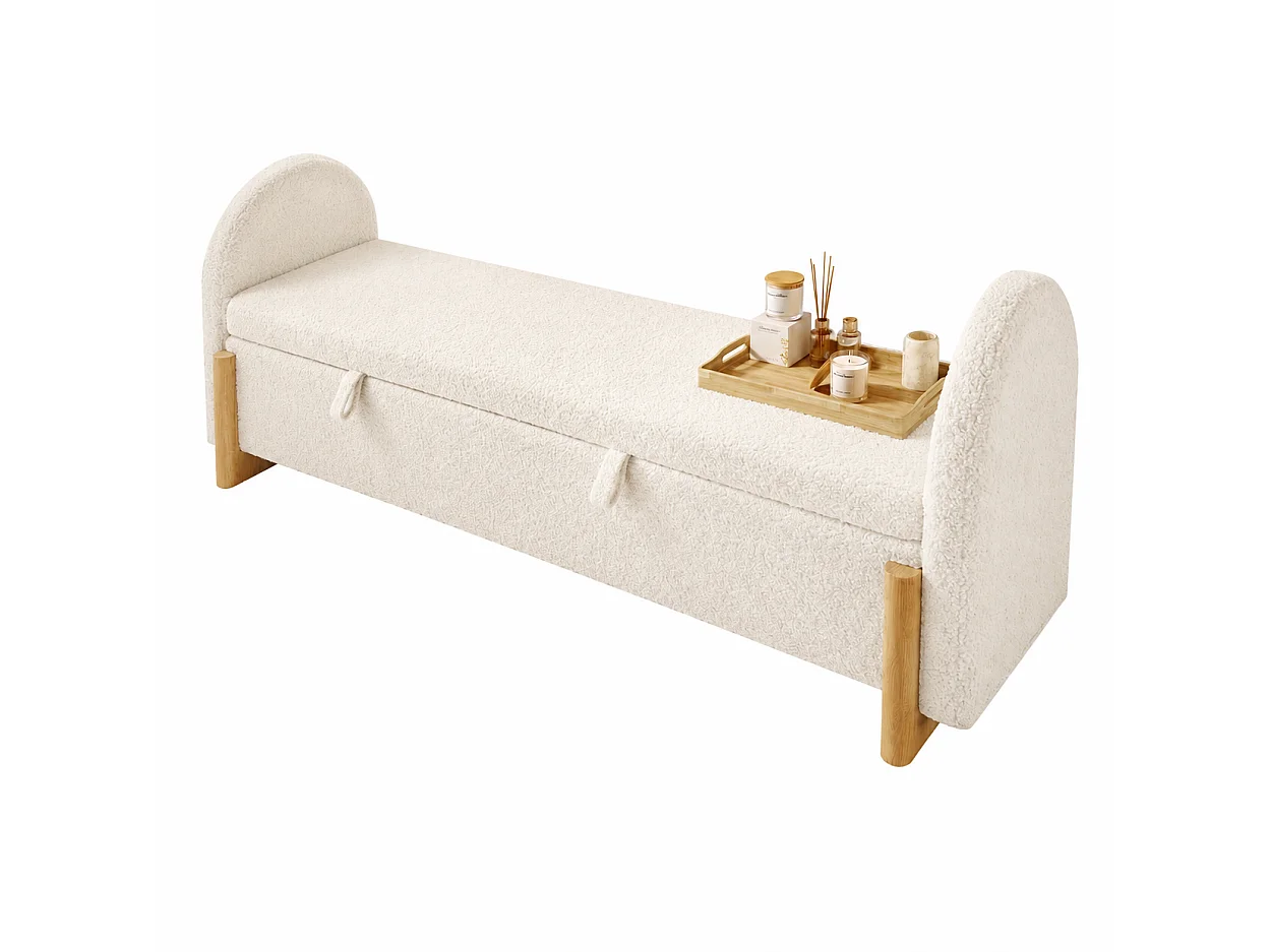 Banc en tissu bouclé 186 cm avec rangement hydraulique - Blanc