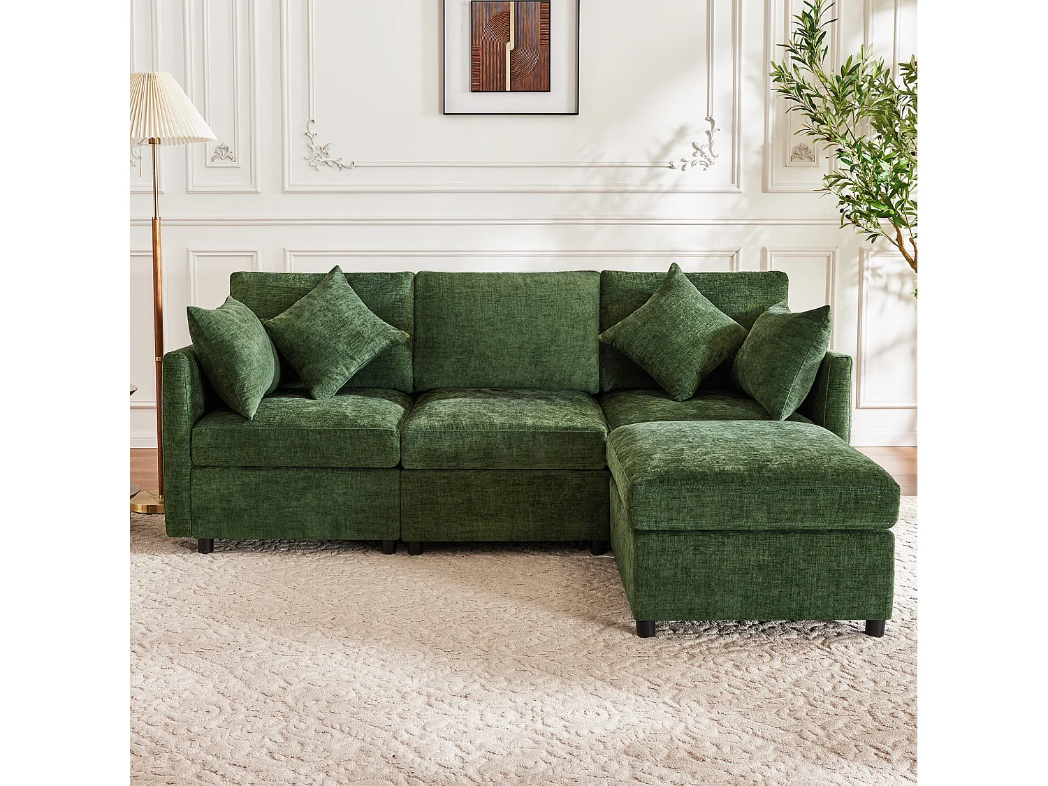 Canapé 3 places en chenille avec pouf et 4 coussins - Vert