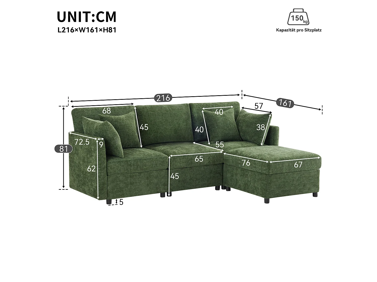 Canapé 3 places en chenille avec pouf et 4 coussins - Vert