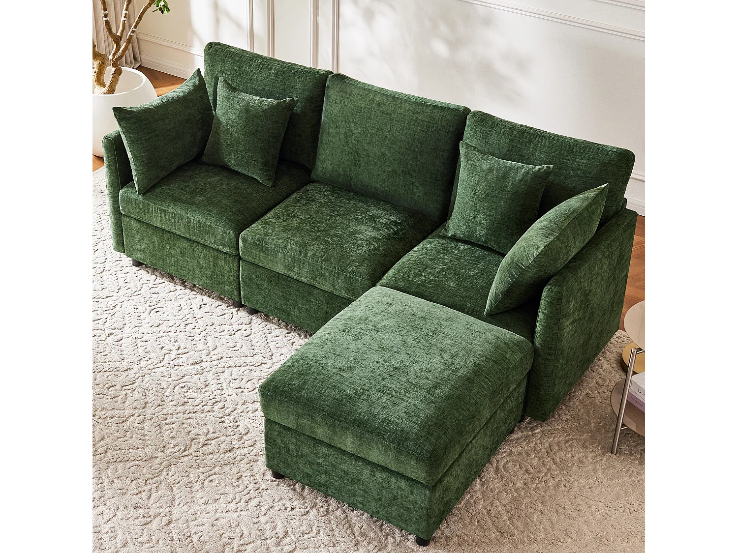 Canapé 3 places en chenille avec pouf et 4 coussins - Vert