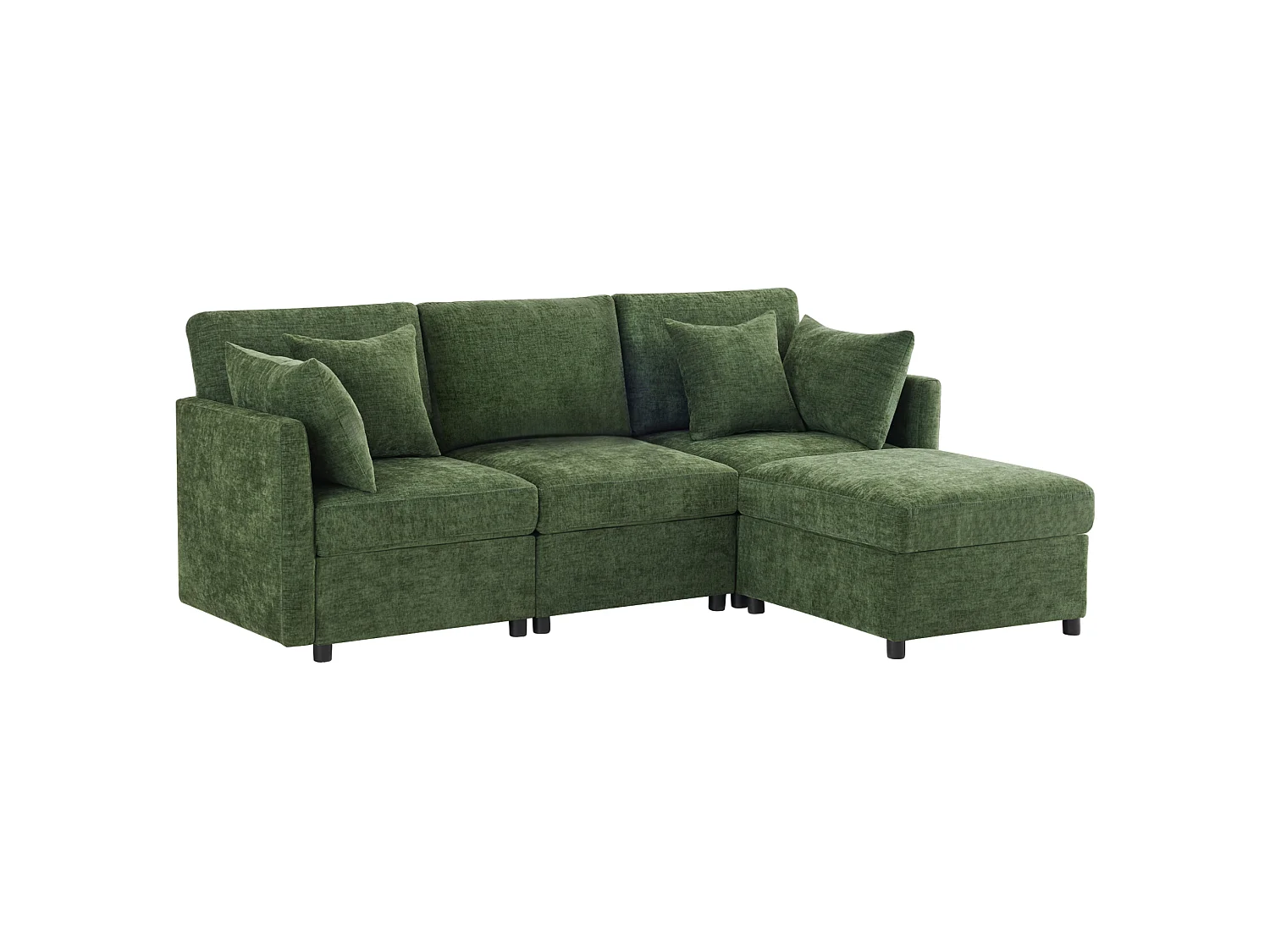 Canapé 3 places en chenille avec pouf et 4 coussins - Vert