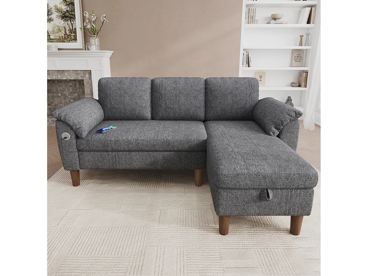 Hoekbank met 3 zitplaatsen, opbergruimte en USB/Type-C-poort - Chenille stof - Lichtgrijs