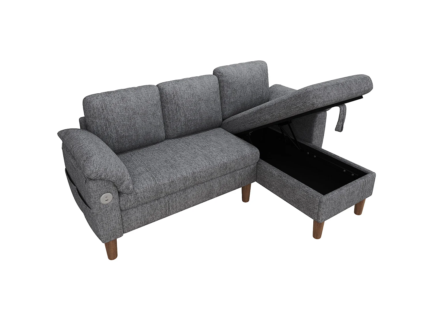 Hoekbank met 3 zitplaatsen, opbergruimte en USB/Type-C-poort - Chenille stof - Lichtgrijs