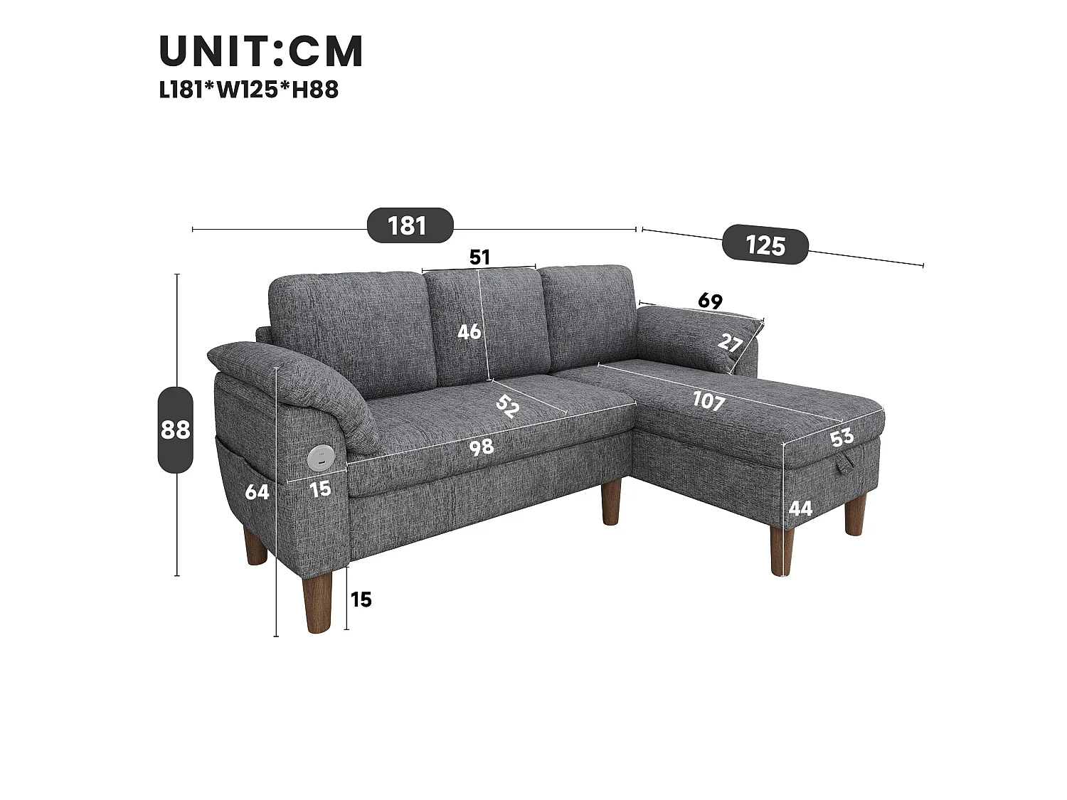 Hoekbank met 3 zitplaatsen, opbergruimte en USB/Type-C-poort - Chenille stof - Lichtgrijs