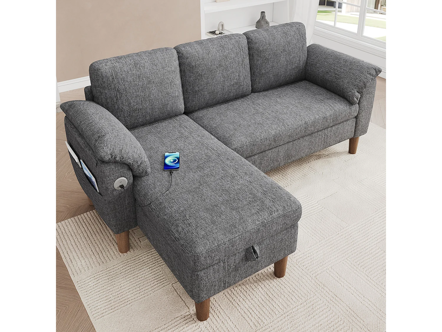 Hoekbank met 3 zitplaatsen, opbergruimte en USB/Type-C-poort - Chenille stof - Lichtgrijs