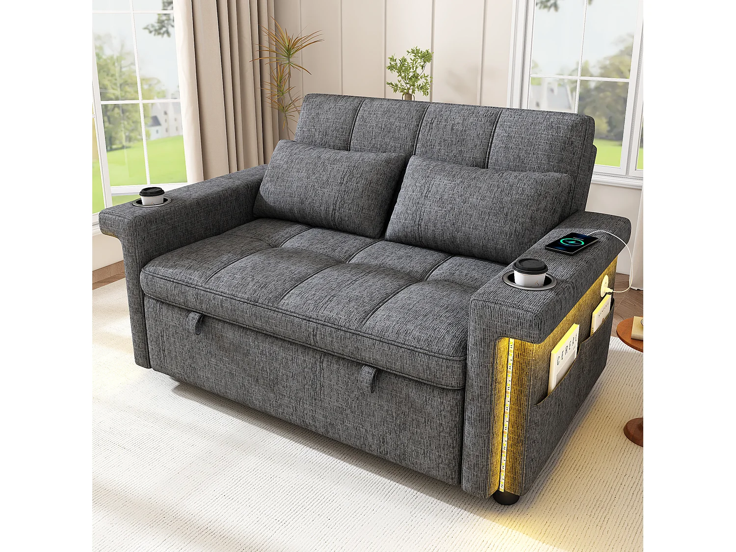 Divano letto a 2 posti con LED e USB/Type-C - Ciniglia grigia