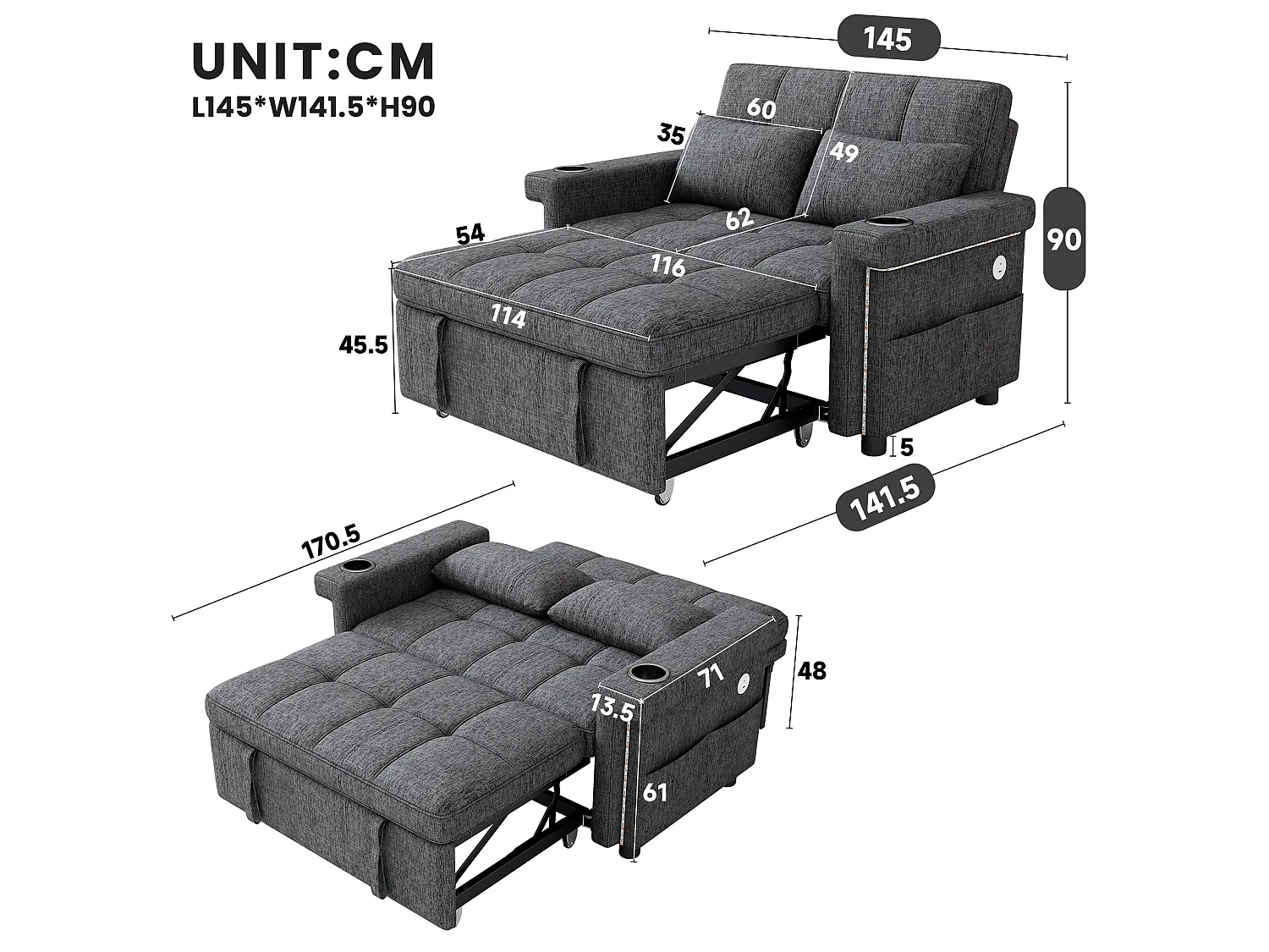 Divano letto a 2 posti con LED e USB/Type-C - Ciniglia grigia