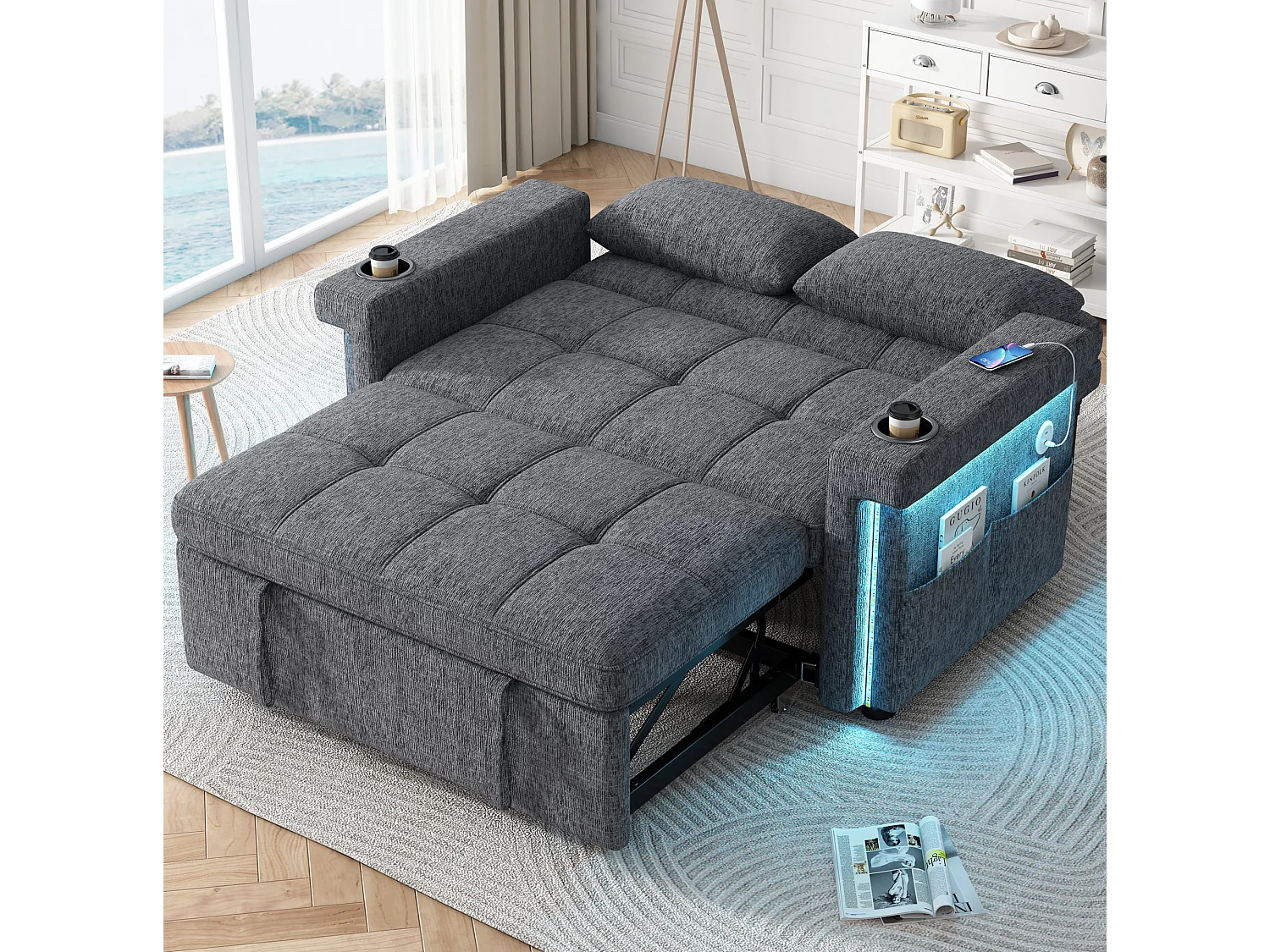 Divano letto a 2 posti con LED e USB/Type-C - Ciniglia grigia