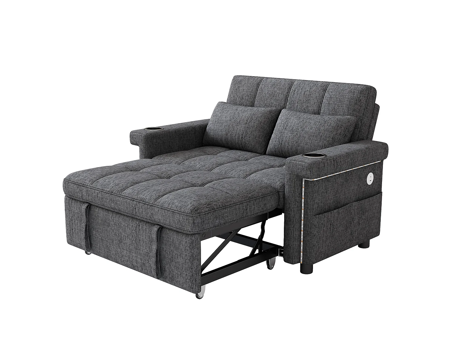 Divano letto a 2 posti con LED e USB/Type-C - Ciniglia grigia
