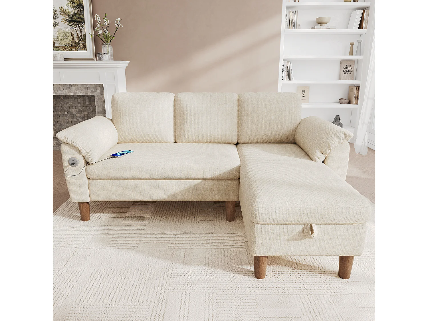 Canapé d'angle 3 places avec rangement et port USB/Type-C - Tissu chenille - Beige