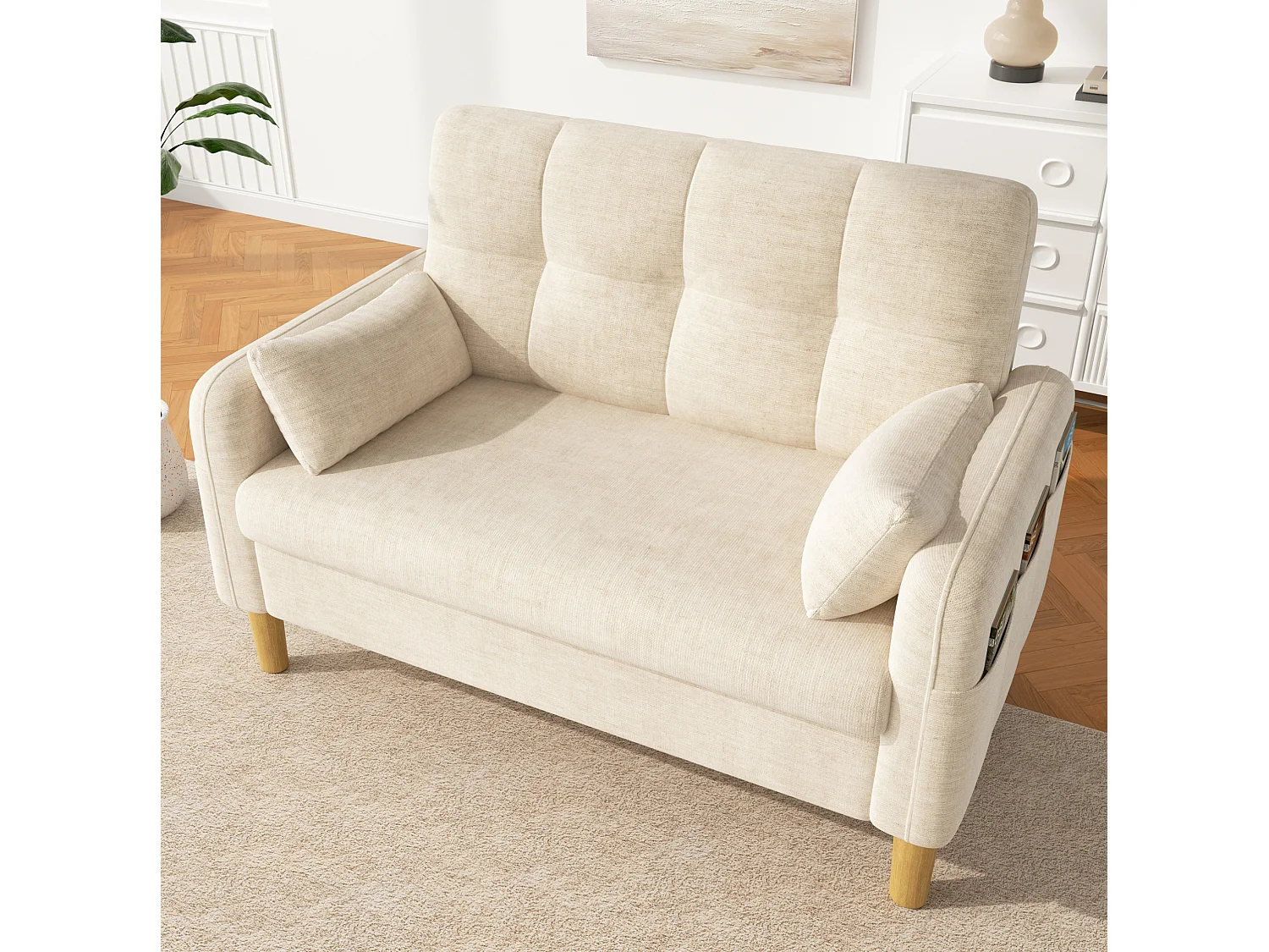 Canapé 2 places petite en tissu chenille avec coussins - Beige