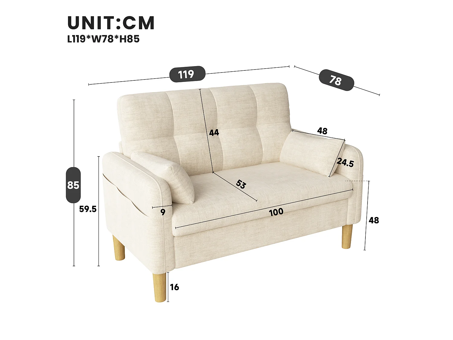 Canapé 2 places petite en tissu chenille avec coussins - Beige