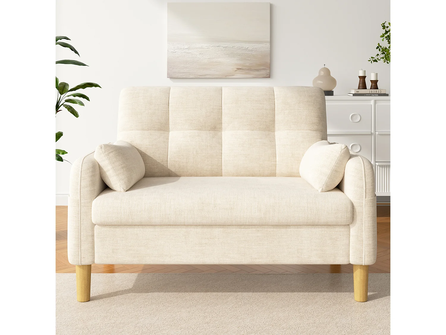 Canapé 2 places petite en tissu chenille avec coussins - Beige