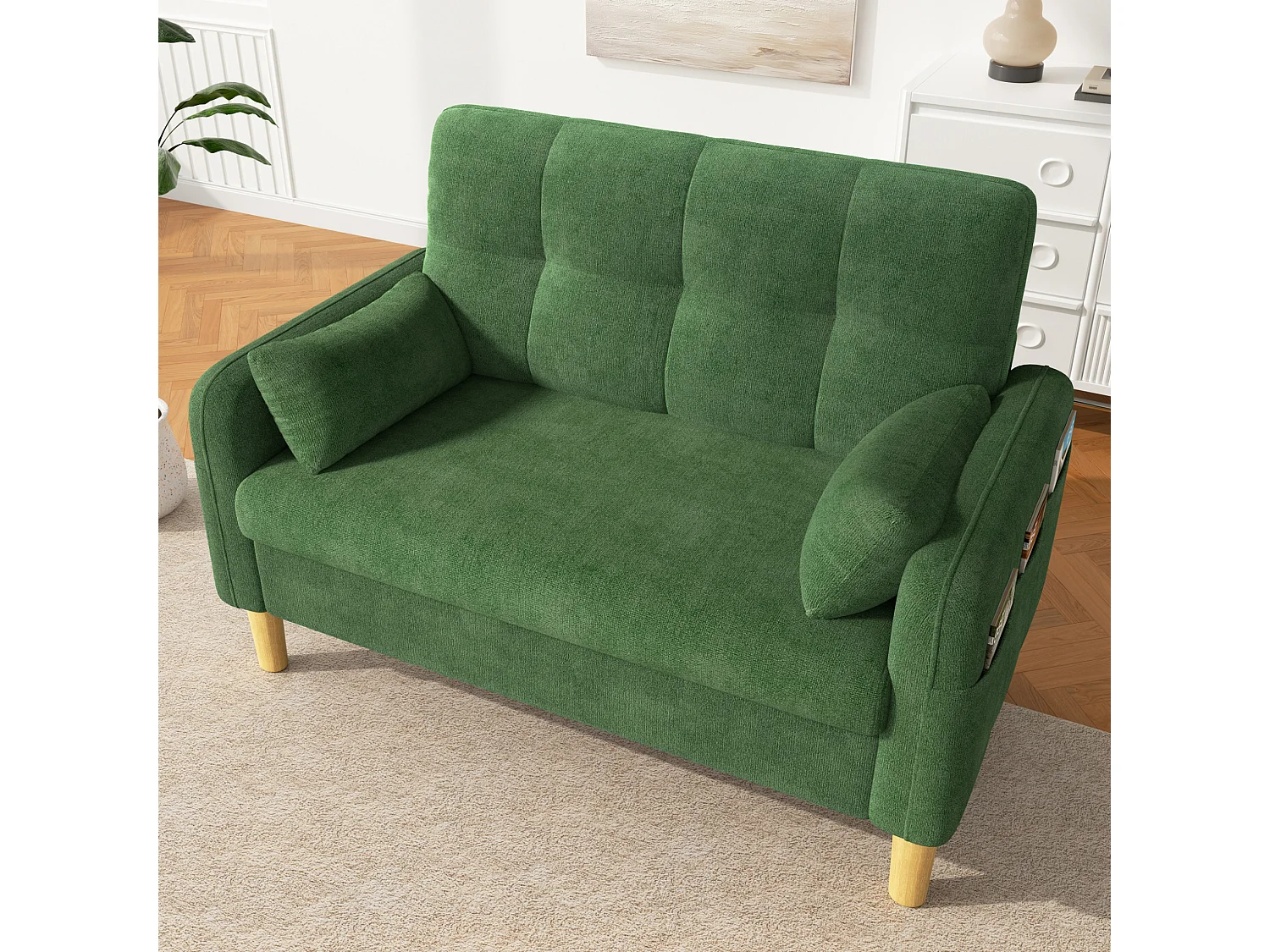 Canapé 2 places petite en tissu chenille avec coussins - Vert