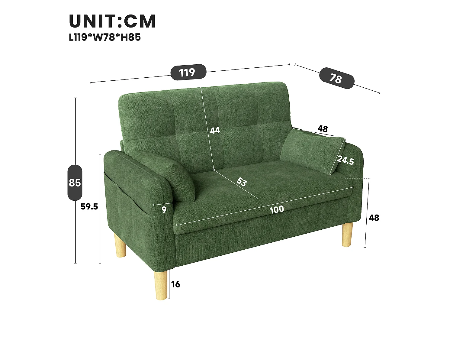 Canapé 2 places petite en tissu chenille avec coussins - Vert