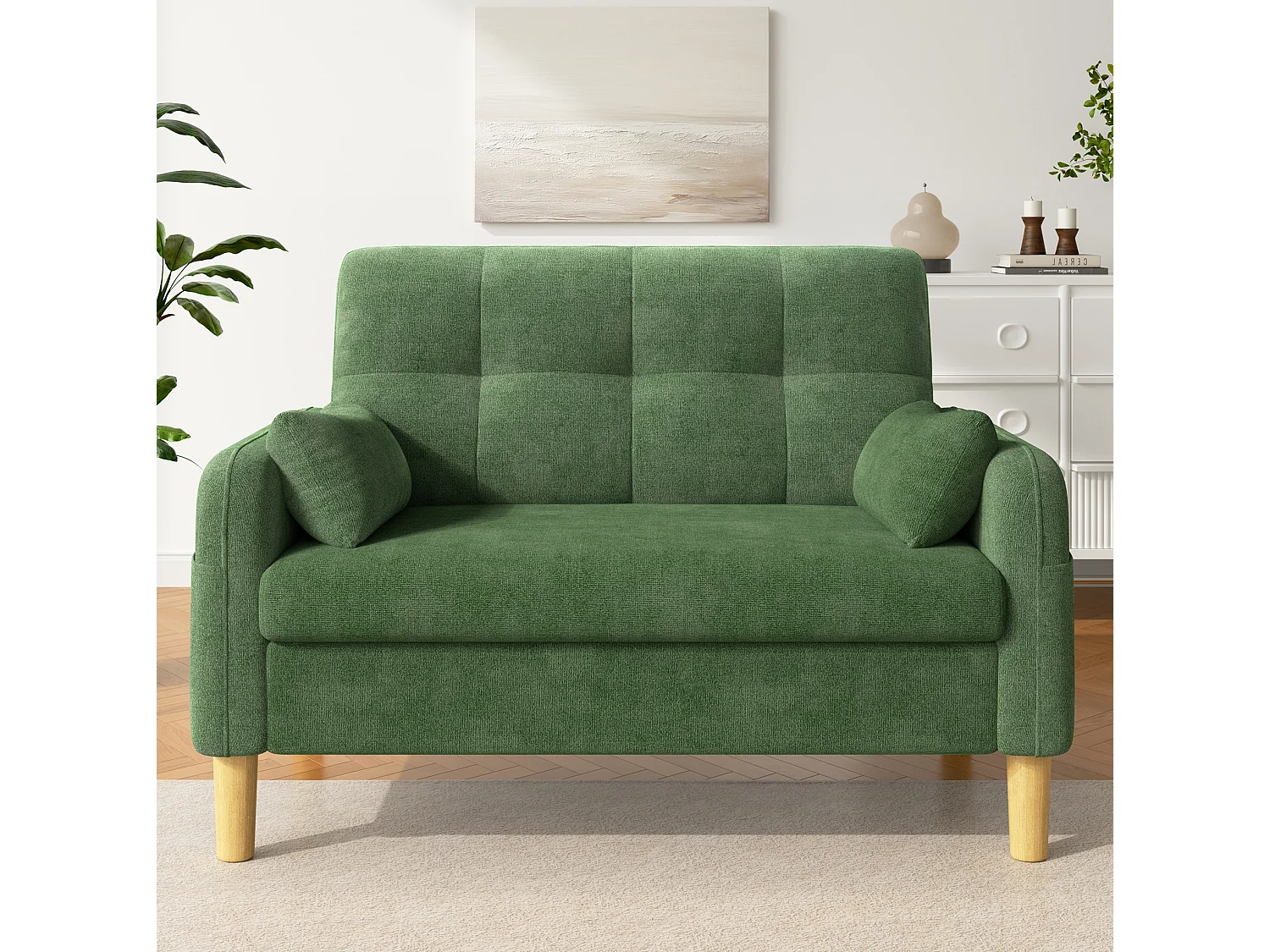 Canapé 2 places petite en tissu chenille avec coussins - Vert