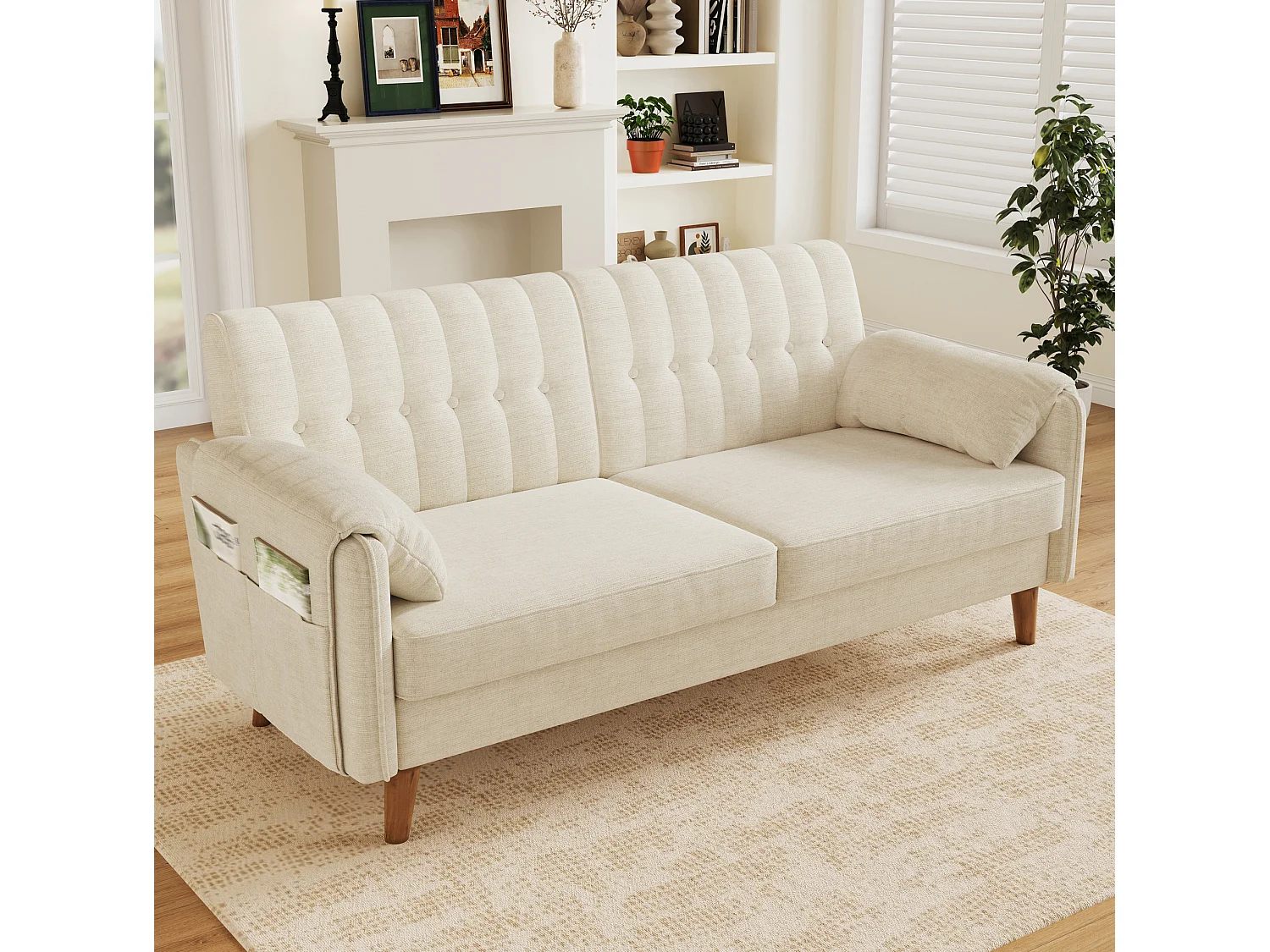 Canapé 2 places 161,5 cm en chenille avec poches latérales - Beige