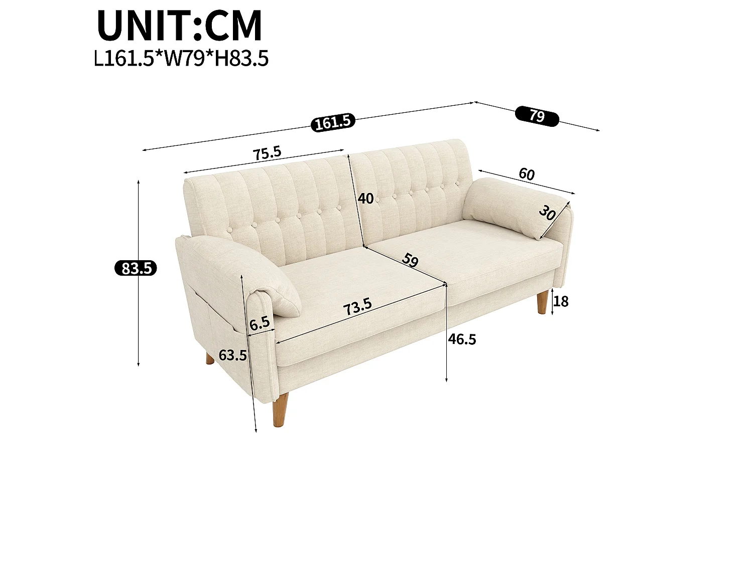 Canapé 2 places 161,5 cm en chenille avec poches latérales - Beige