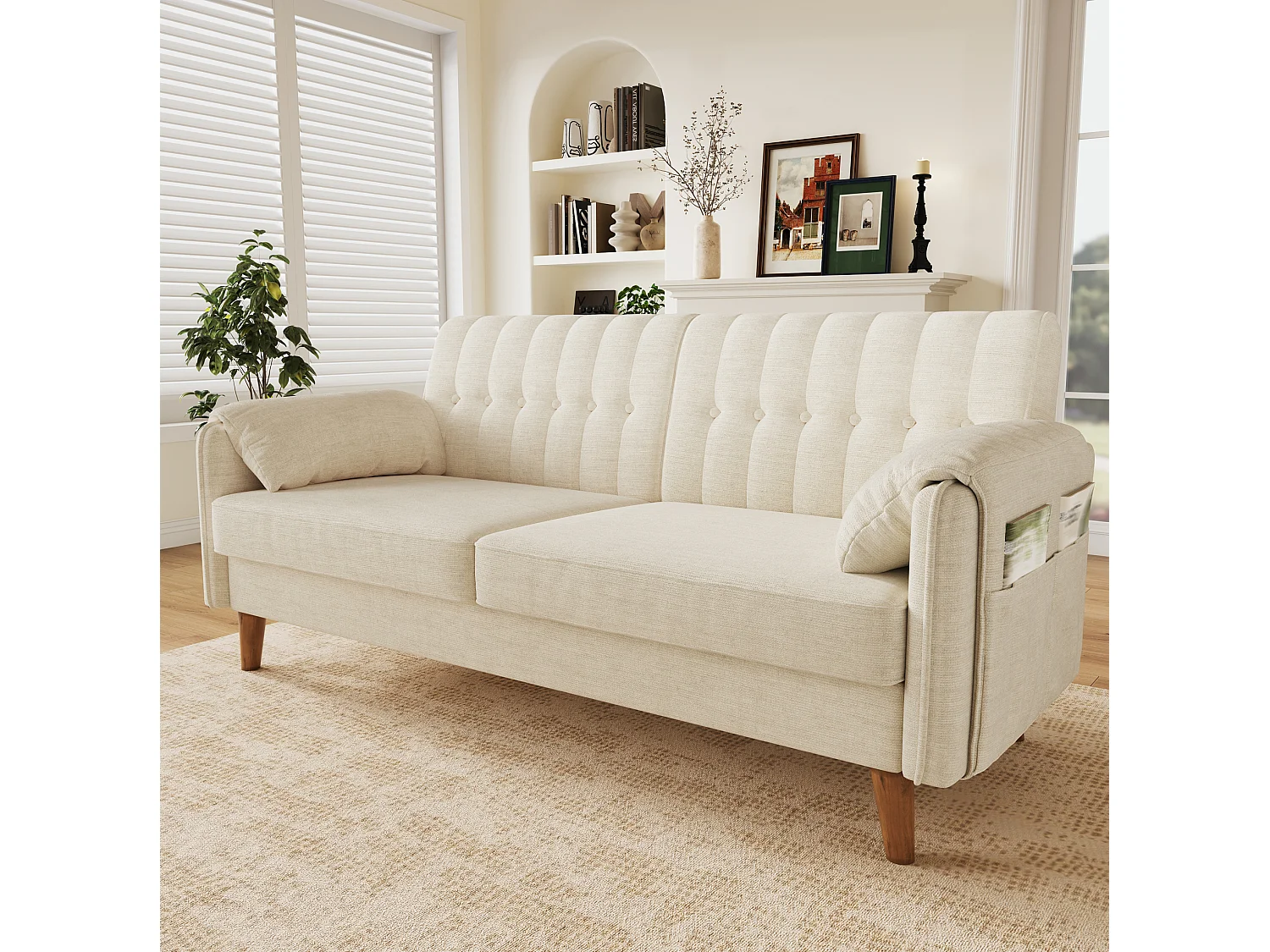Canapé 2 places 161,5 cm en chenille avec poches latérales - Beige