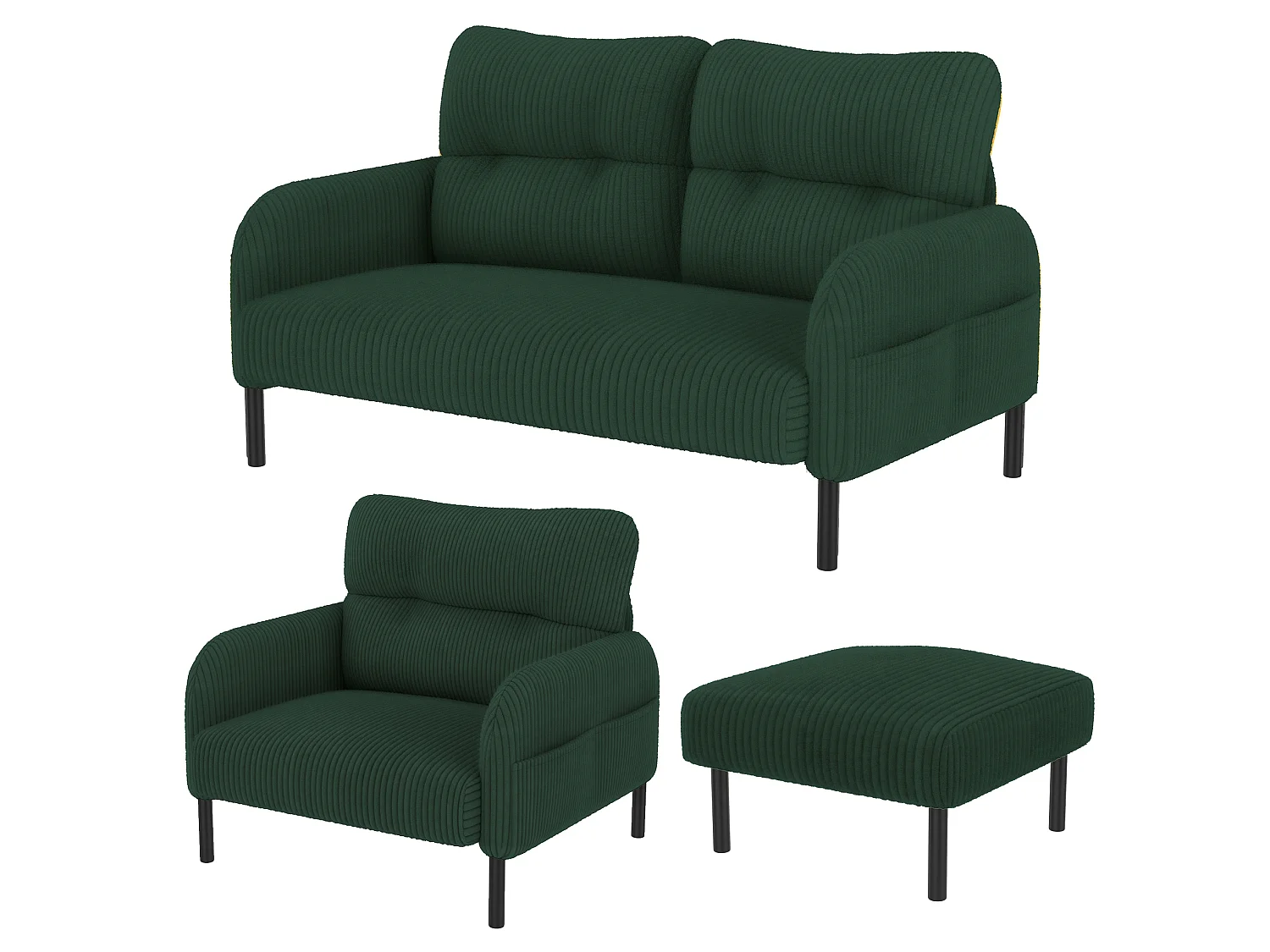 Canapé 2 places et fauteuil en velours côtelé avec pouf - Vert émeraude