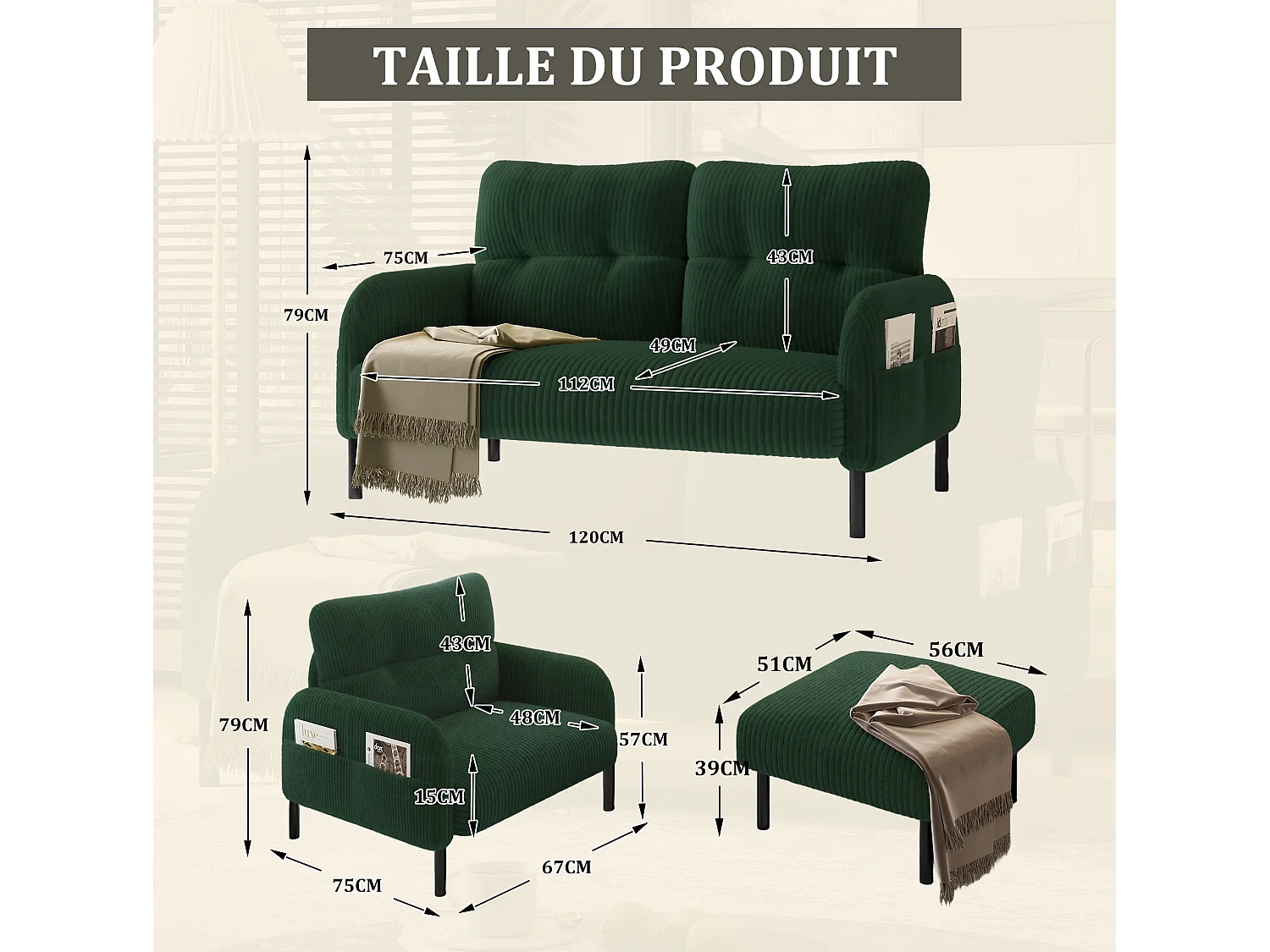 Canapé 2 places et fauteuil en velours côtelé avec pouf - Vert émeraude