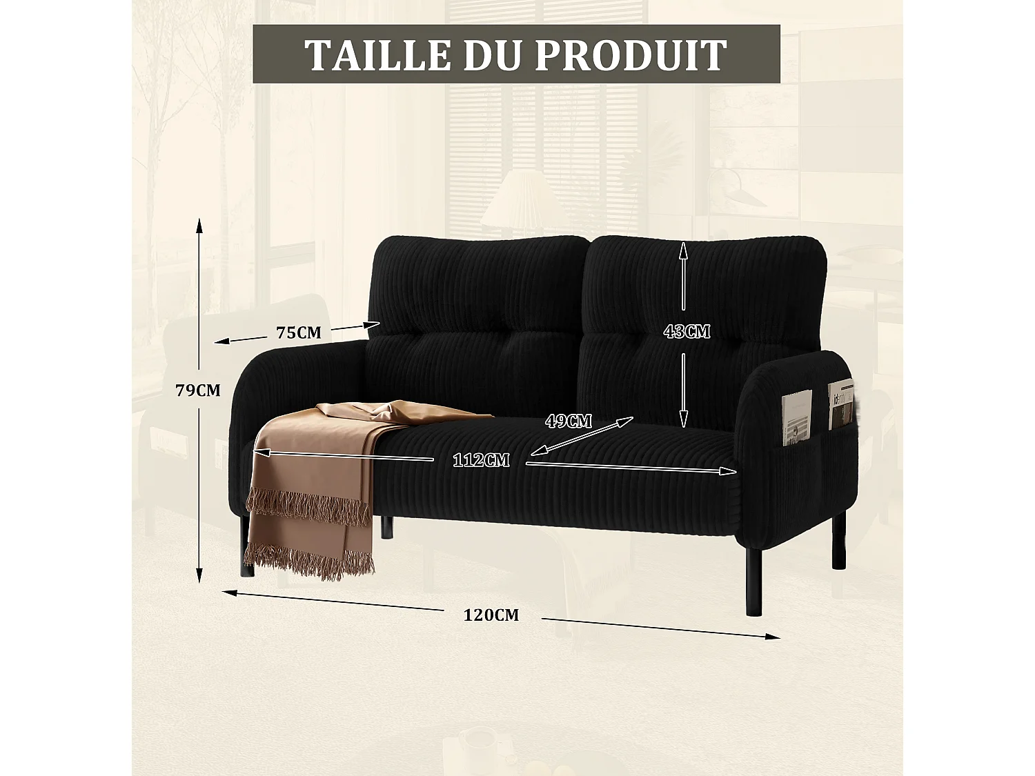 Canapé 2 places 120 cm en velours côtelé avec pieds métal - Noir