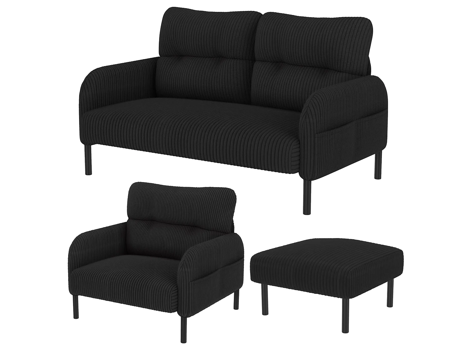 Canapé 2 places et fauteuil en velours côtelé avec pouf - Noir