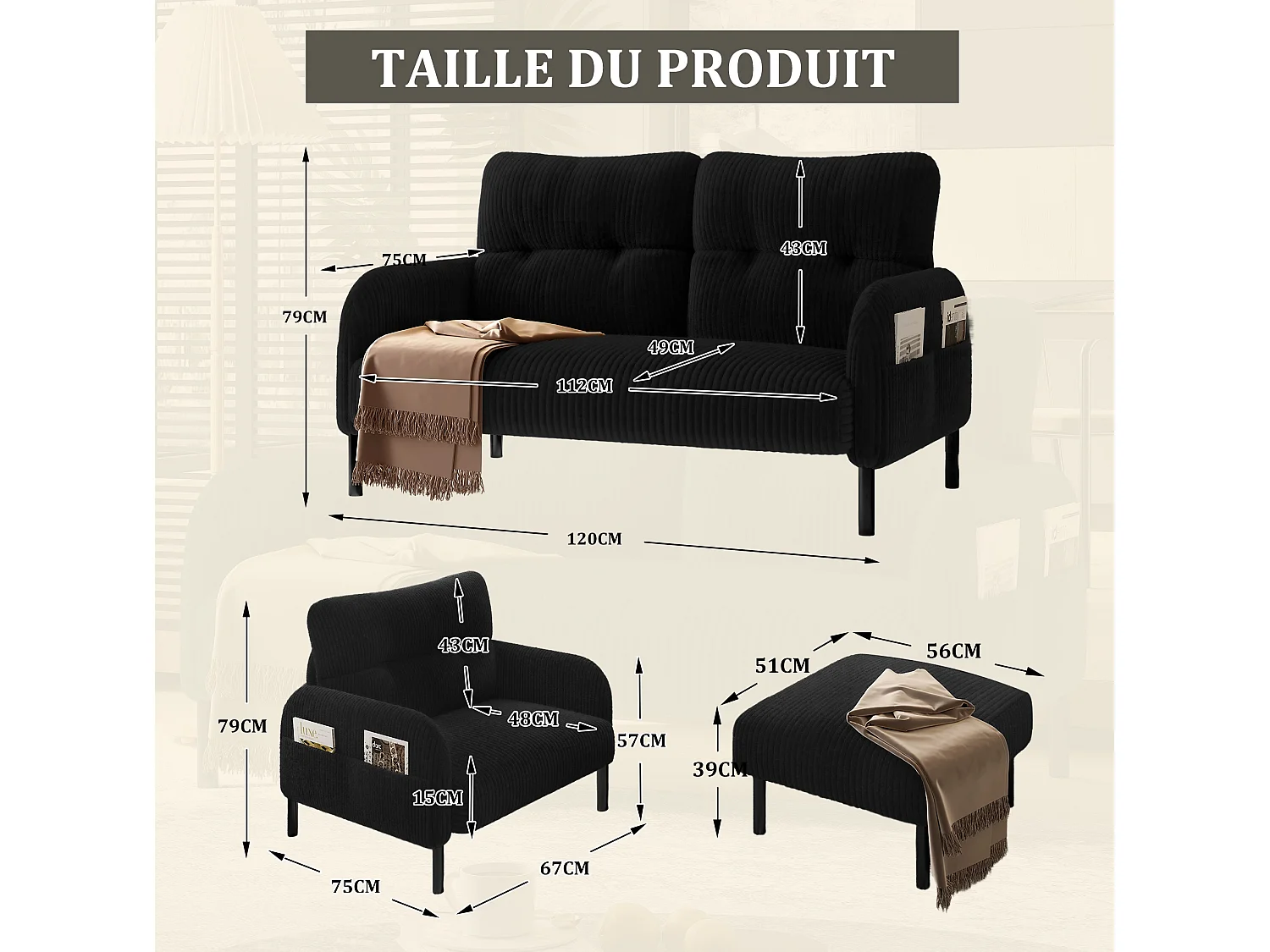 Canapé 2 places et fauteuil en velours côtelé avec pouf - Noir